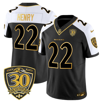 Men's Baltimore Ravens 2025 Gold Vapor Limited Jersey - 30th Anniversary Patch - All Stitched