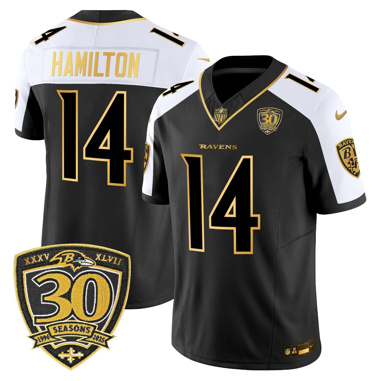 Men's Baltimore Ravens 2025 Gold Vapor Limited Jersey - 30th Anniversary Patch - All Stitched