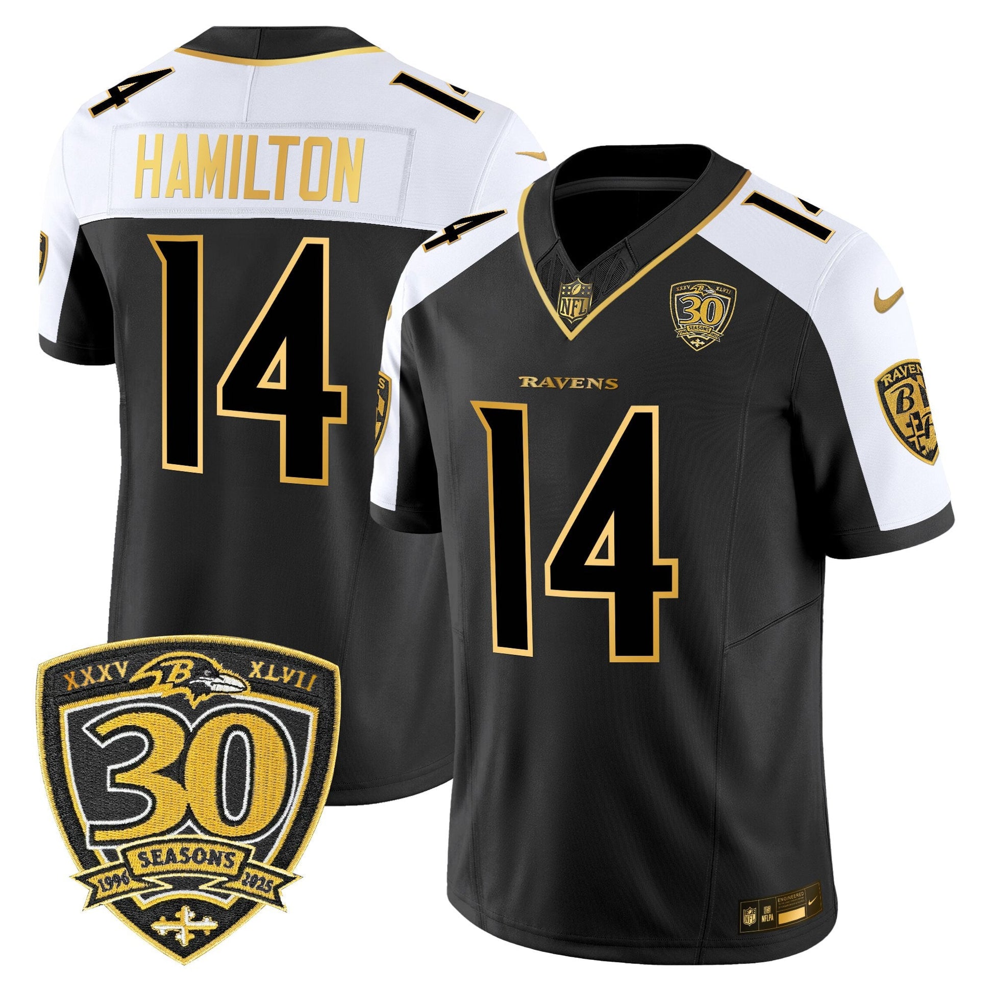 Men's Baltimore Ravens 2025 Gold Vapor Limited Jersey - 30th Anniversary Patch - All Stitched