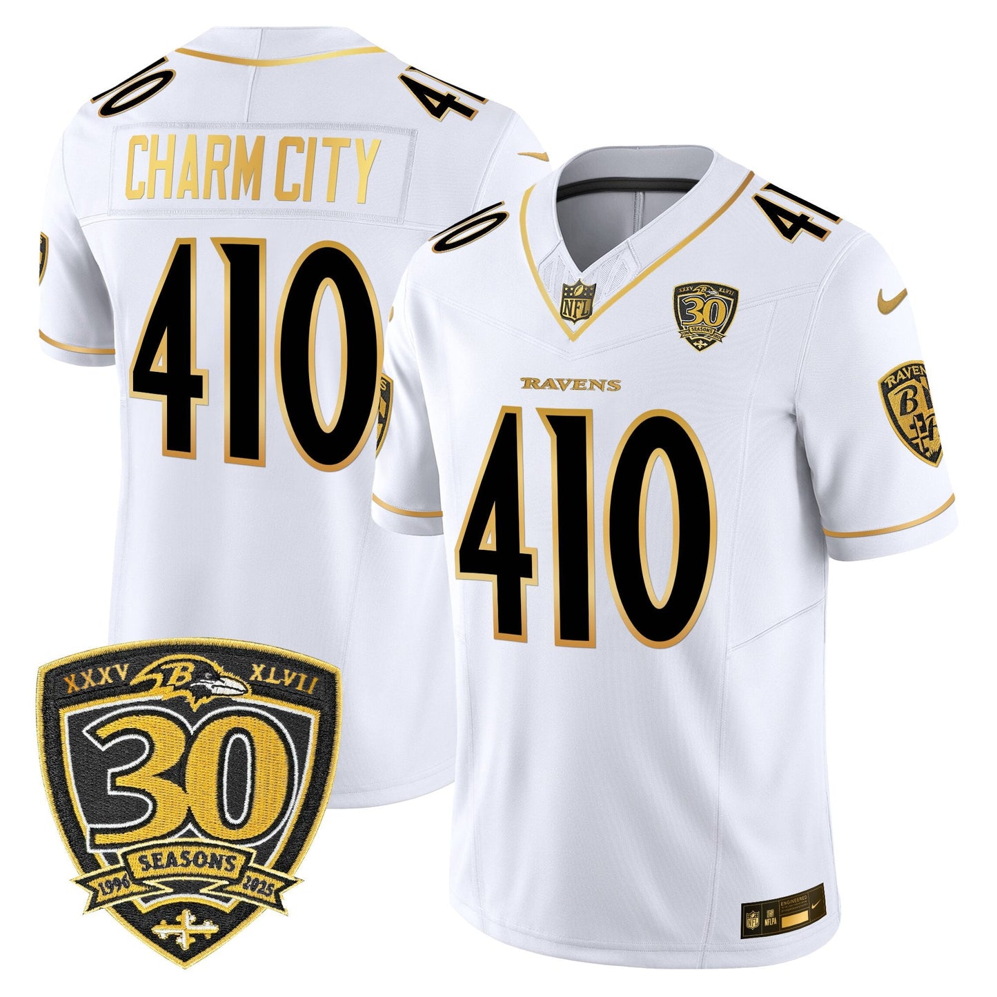 Men's Baltimore Ravens 2025 Gold Vapor Limited Jersey - 30th Anniversary Patch - All Stitched
