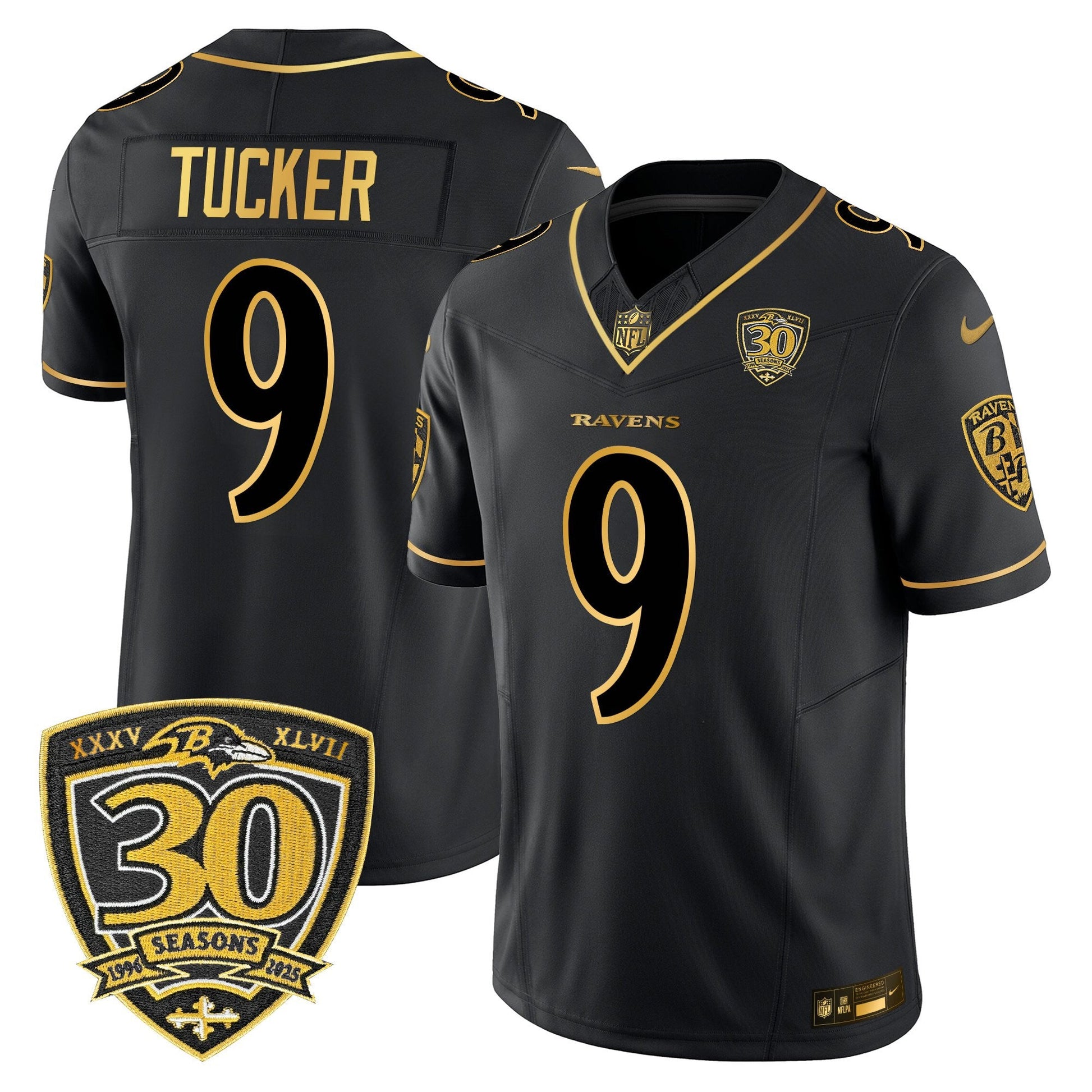 Men's Baltimore Ravens 2025 Gold Vapor Limited Jersey - 30th Anniversary Patch - All Stitched
