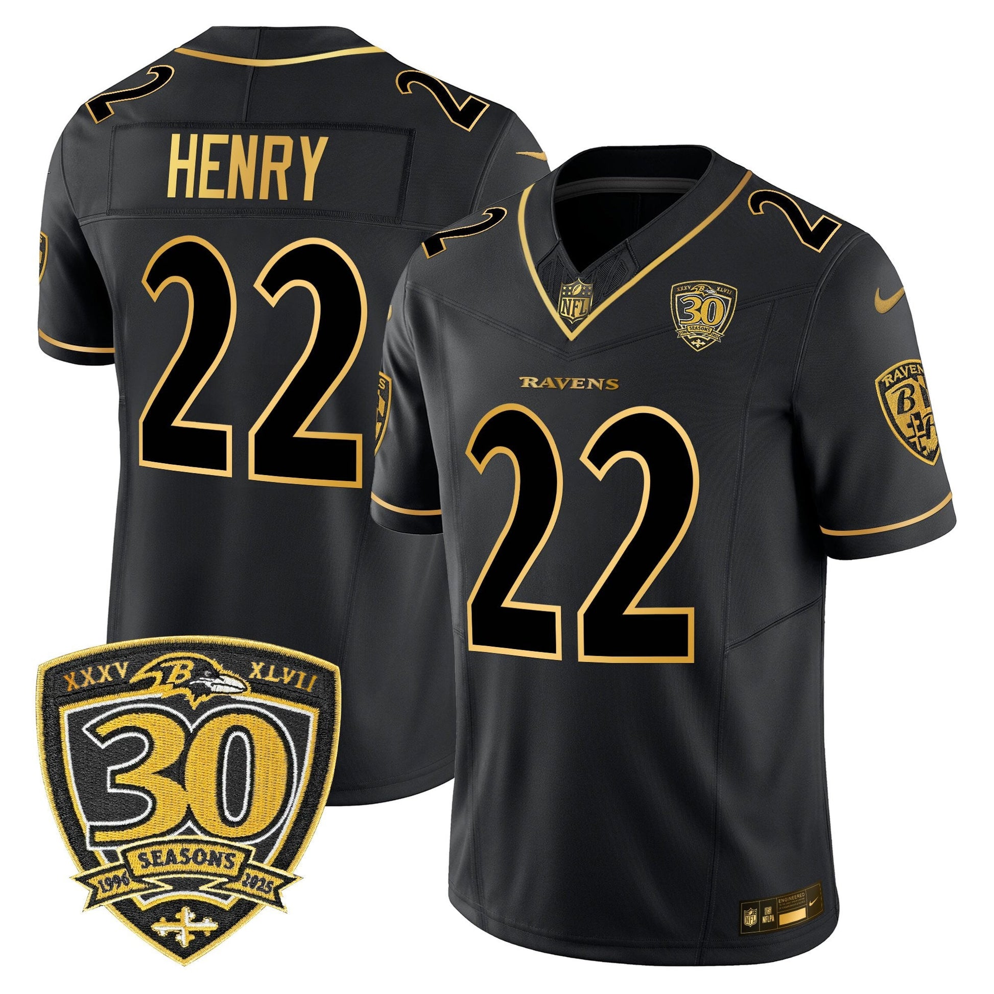Men's Baltimore Ravens 2025 Gold Vapor Limited Jersey - 30th Anniversary Patch - All Stitched