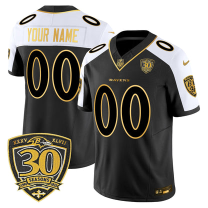 Baltimore Ravens 2025 Gold Vapor Limited Custom Jersey - 30th Anniversary Patch - All Stitched
