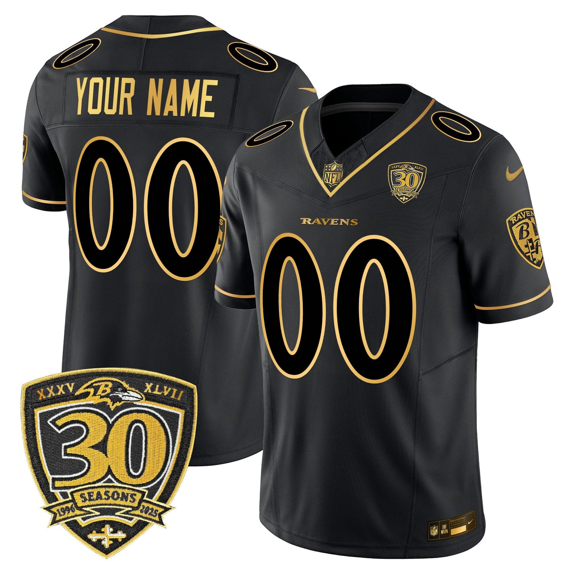 Baltimore Ravens 2025 Gold Vapor Limited Custom Jersey - 30th Anniversary Patch - All Stitched