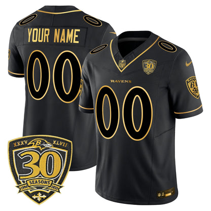 Baltimore Ravens 2025 Gold Vapor Limited Custom Jersey - 30th Anniversary Patch - All Stitched