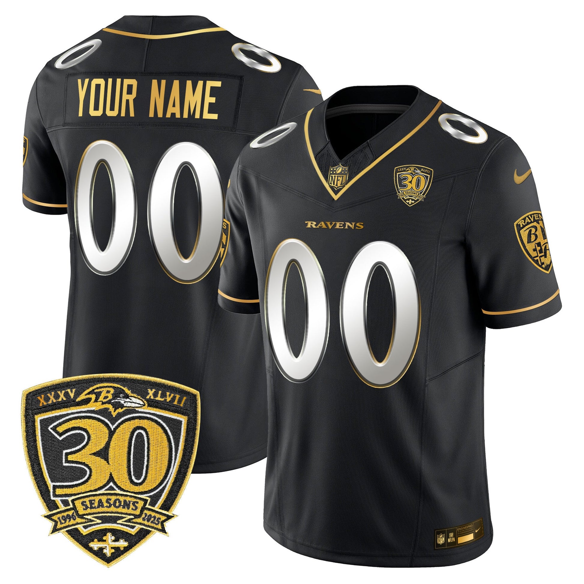 Baltimore Ravens 2025 Gold Vapor Limited Custom Jersey - 30th Anniversary Patch - All Stitched