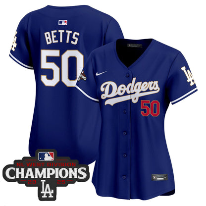 Women's Dodgers 2025 NL West Division Champions Patch Gold Trim Vapor Premier Limited Jersey - All Stitched