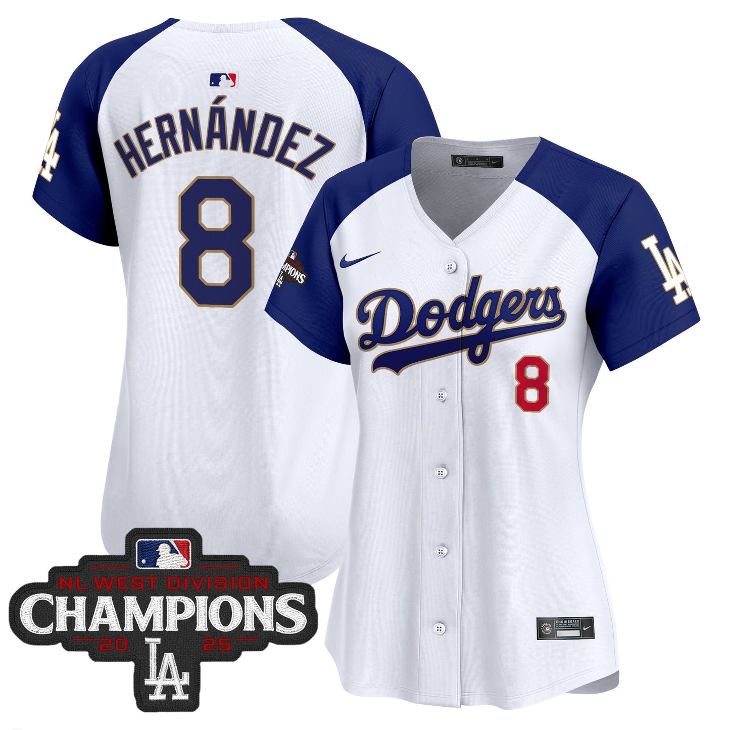 Women's Dodgers 2025 NL West Division Champions Patch Gold Trim Vapor Premier Limited Jersey - All Stitched