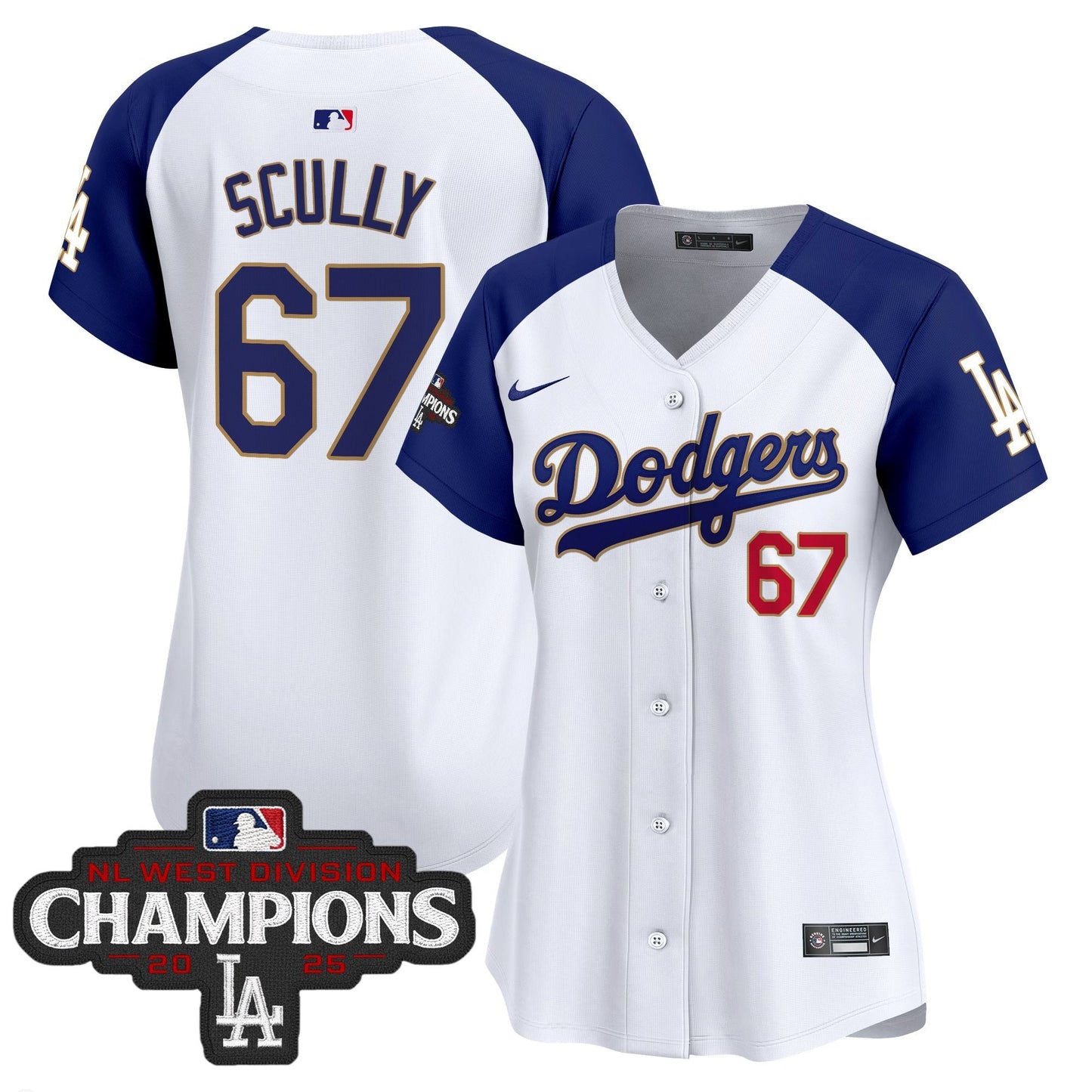 Women's Dodgers 2025 NL West Division Champions Patch Gold Trim Vapor Premier Limited Jersey - All Stitched