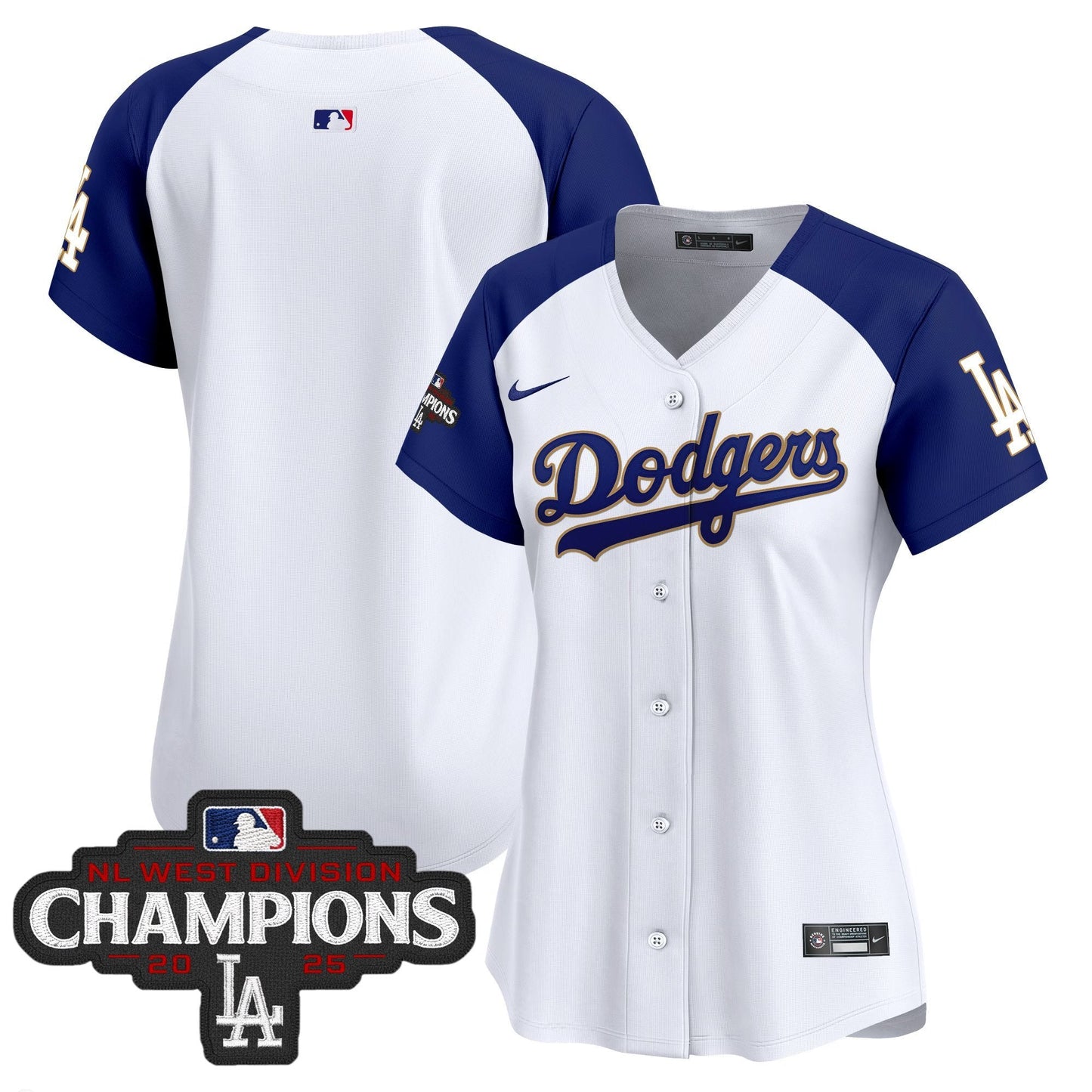 Women's Dodgers 2025 NL West Division Champions Patch Gold Trim Vapor Premier Limited Jersey - All Stitched