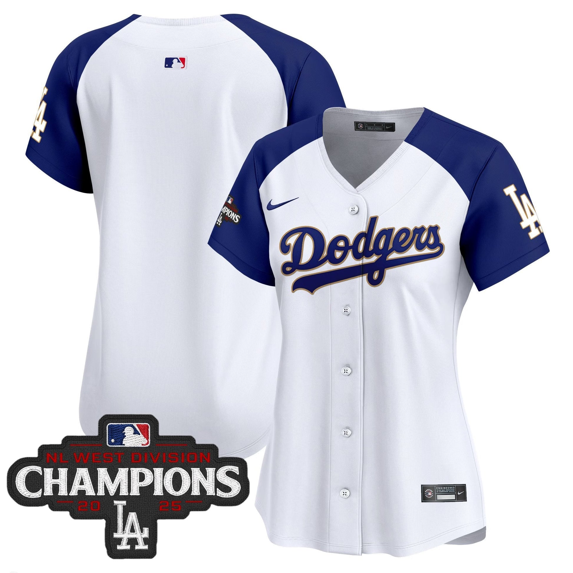 Women's Dodgers 2025 NL West Division Champions Patch Gold Trim Vapor Premier Limited Jersey - All Stitched