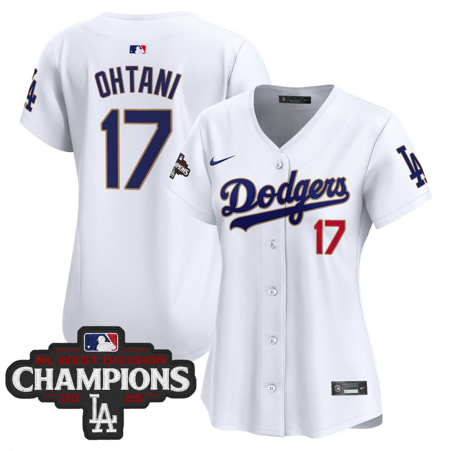Women's Dodgers 2025 NL West Division Champions Patch Gold Trim Vapor Premier Limited Jersey - All Stitched