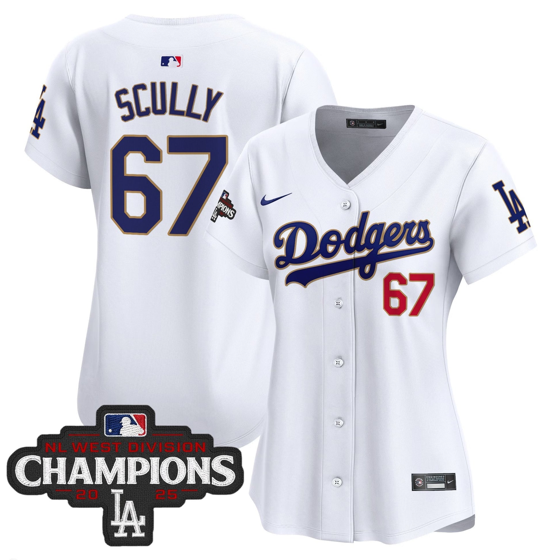 Women's Dodgers 2025 NL West Division Champions Patch Gold Trim Vapor Premier Limited Jersey - All Stitched
