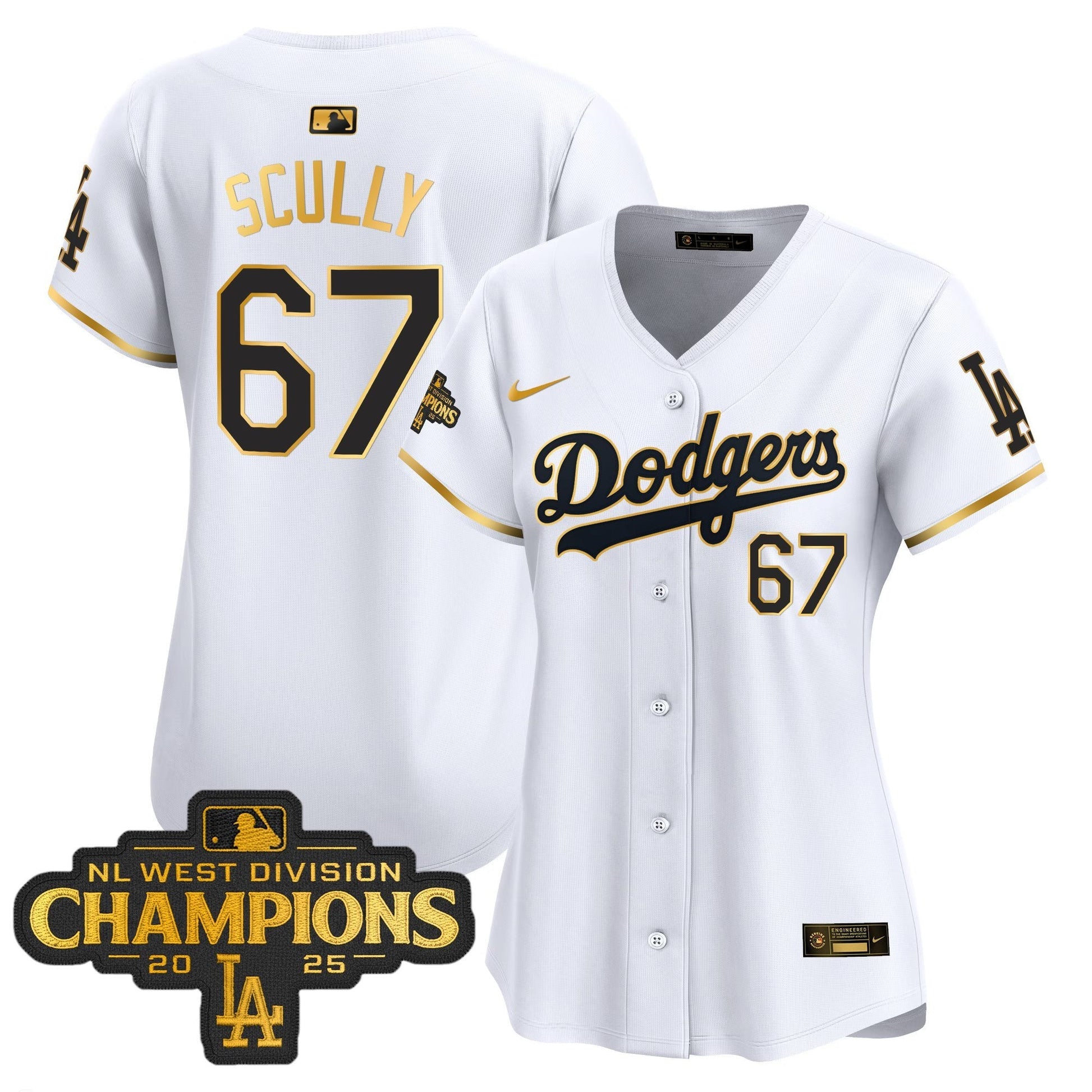 Women's Dodgers 2025 NL West Division Champions Patch Gold Trim Vapor Premier Limited Jersey - All Stitched