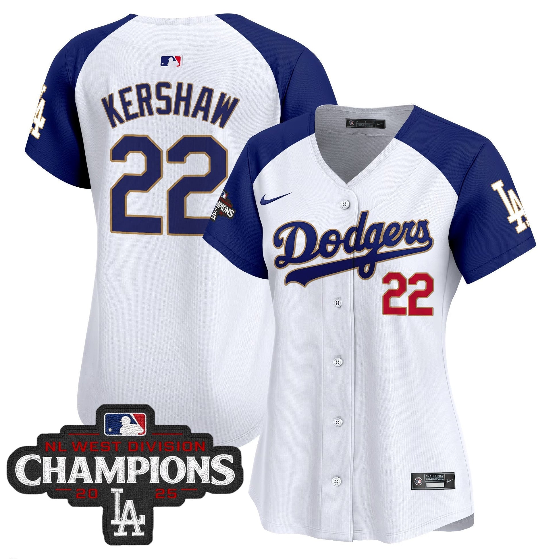 Women's Dodgers 2025 NL West Division Champions Patch Gold Trim Vapor Premier Limited Jersey - All Stitched