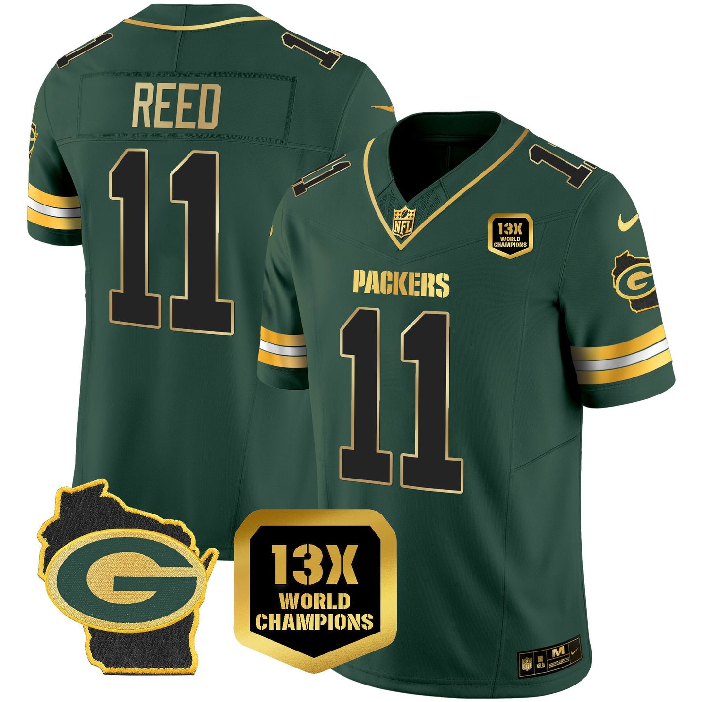 Green Bay Packers 13x Time World Champions Patch Gold Limited Jersey – All Stitched