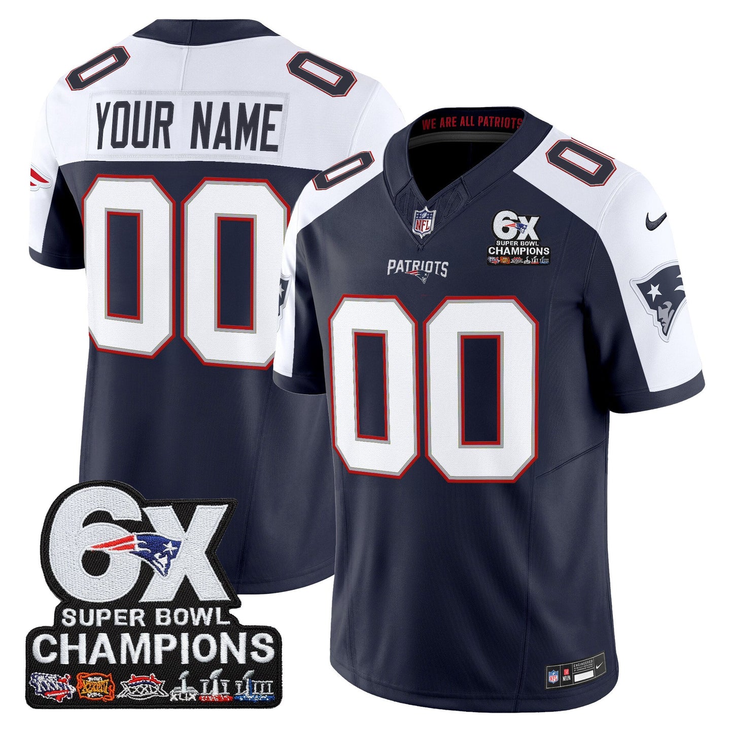 New England Patriots 6-Time Champions Patch Vapor Limited Custom Jersey - All Stitched