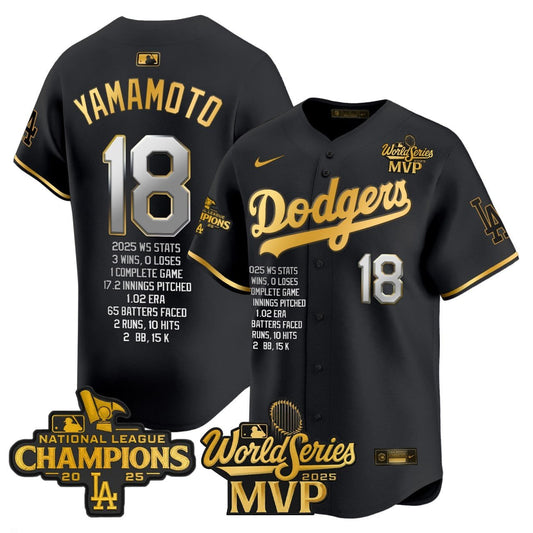 Yoshinobu Yamamoto Dodgers World Series Champions MVP Patch Black Jersey - All Stitched