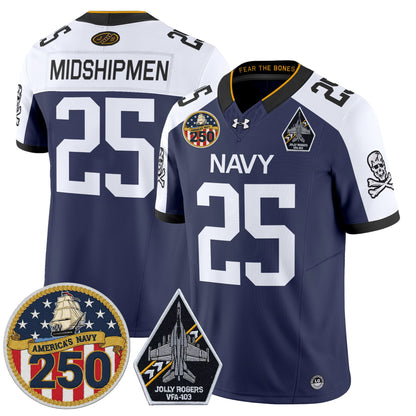 Men's Navy Midshipmen 'Jolly Rogers Edition' Vapor Limited Jersey - 250th Anniversary Patch - All Stitched