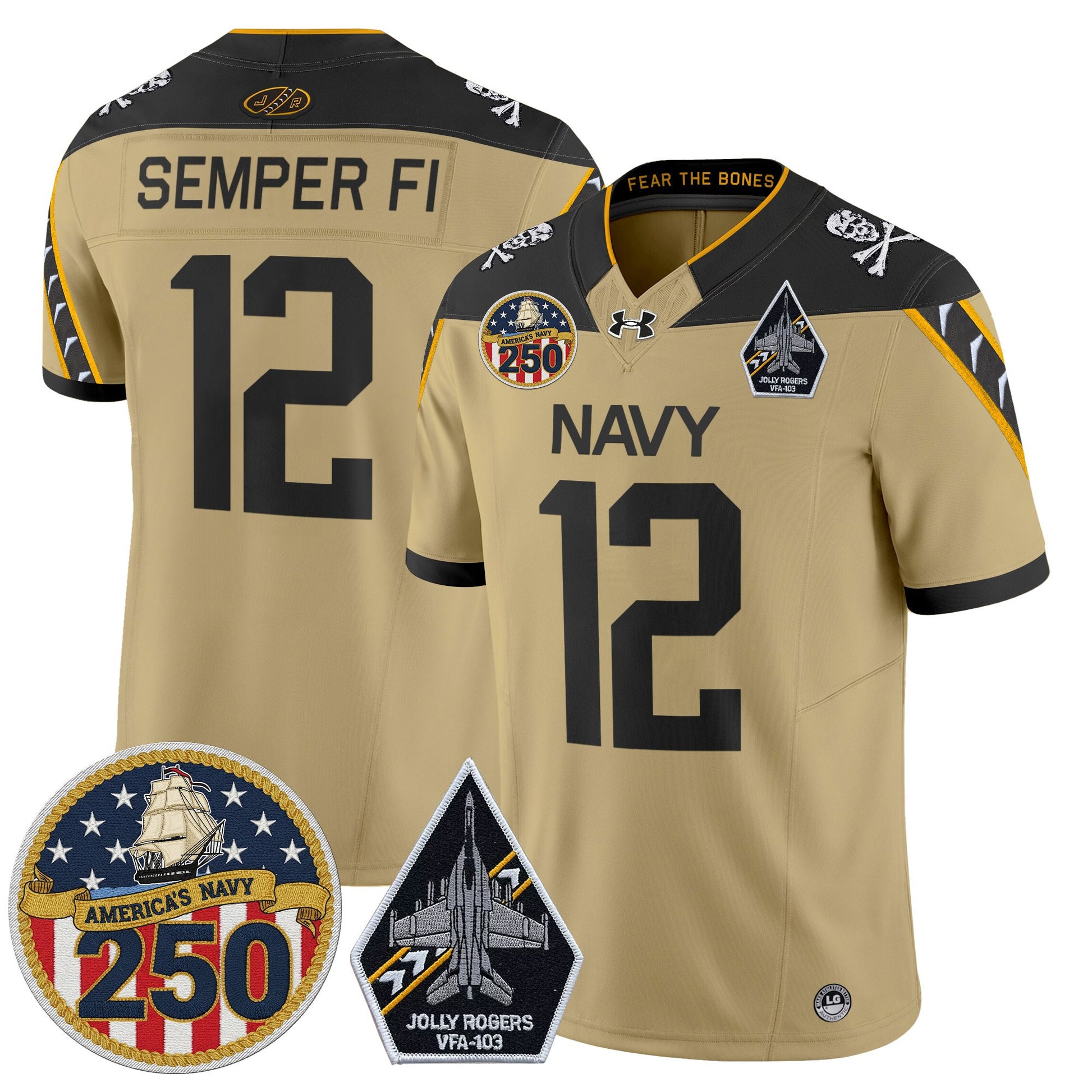 Men's Navy Midshipmen 'Jolly Rogers Edition' Vapor Limited Jersey - 250th Anniversary Patch - All Stitched