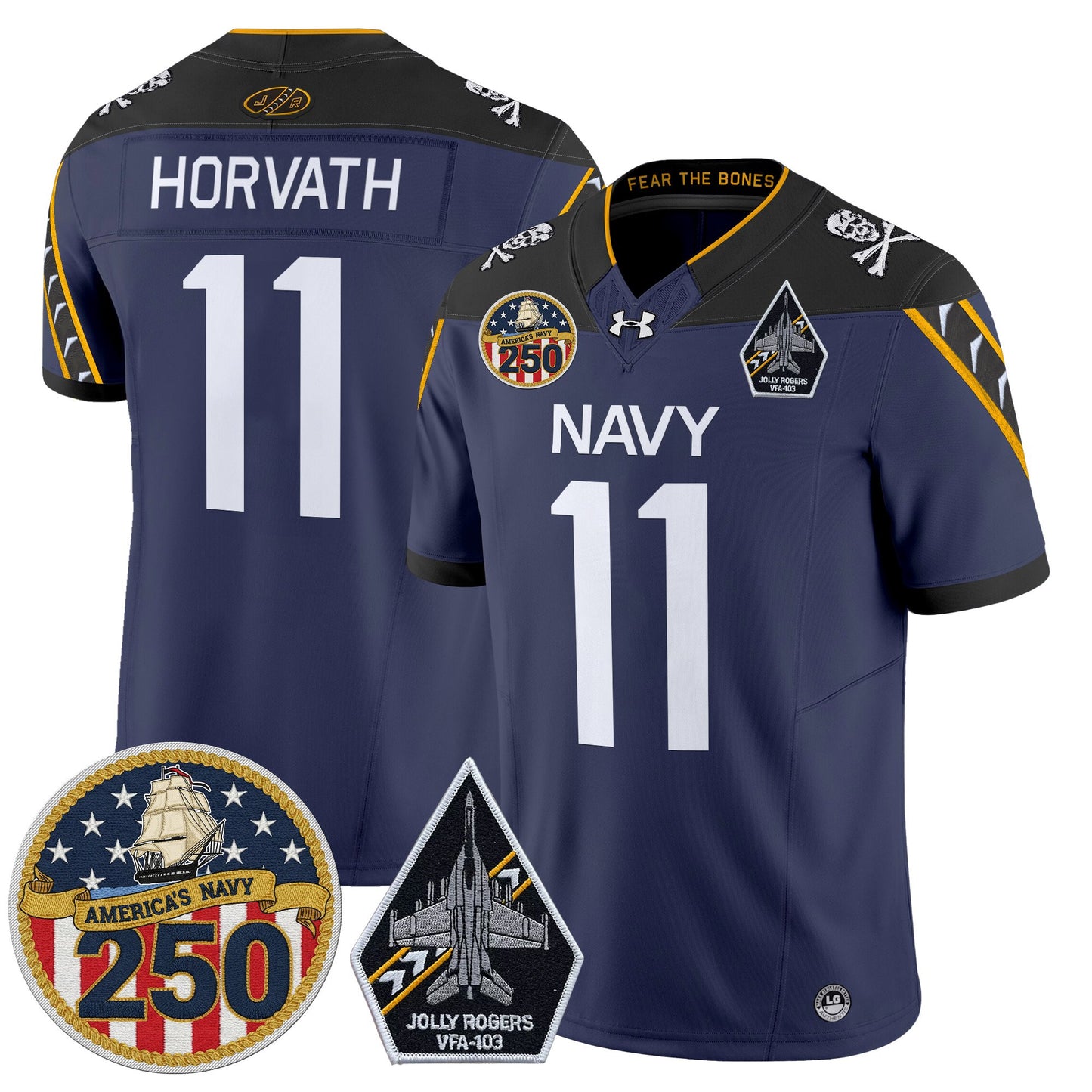 Men's Navy Midshipmen 'Jolly Rogers Edition' Vapor Limited Jersey - 250th Anniversary Patch - All Stitched