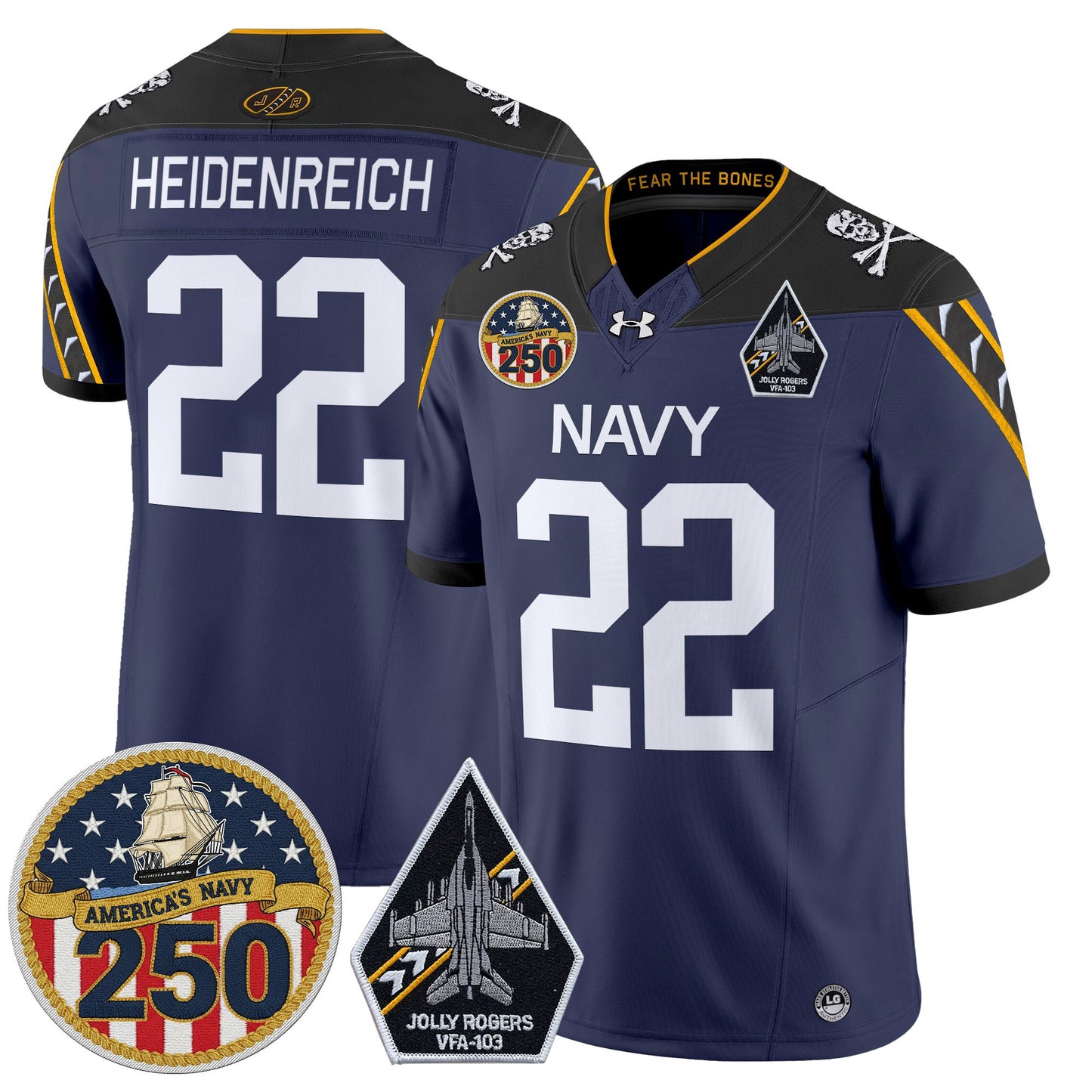 Men's Navy Midshipmen 'Jolly Rogers Edition' Vapor Limited Jersey - 250th Anniversary Patch - All Stitched