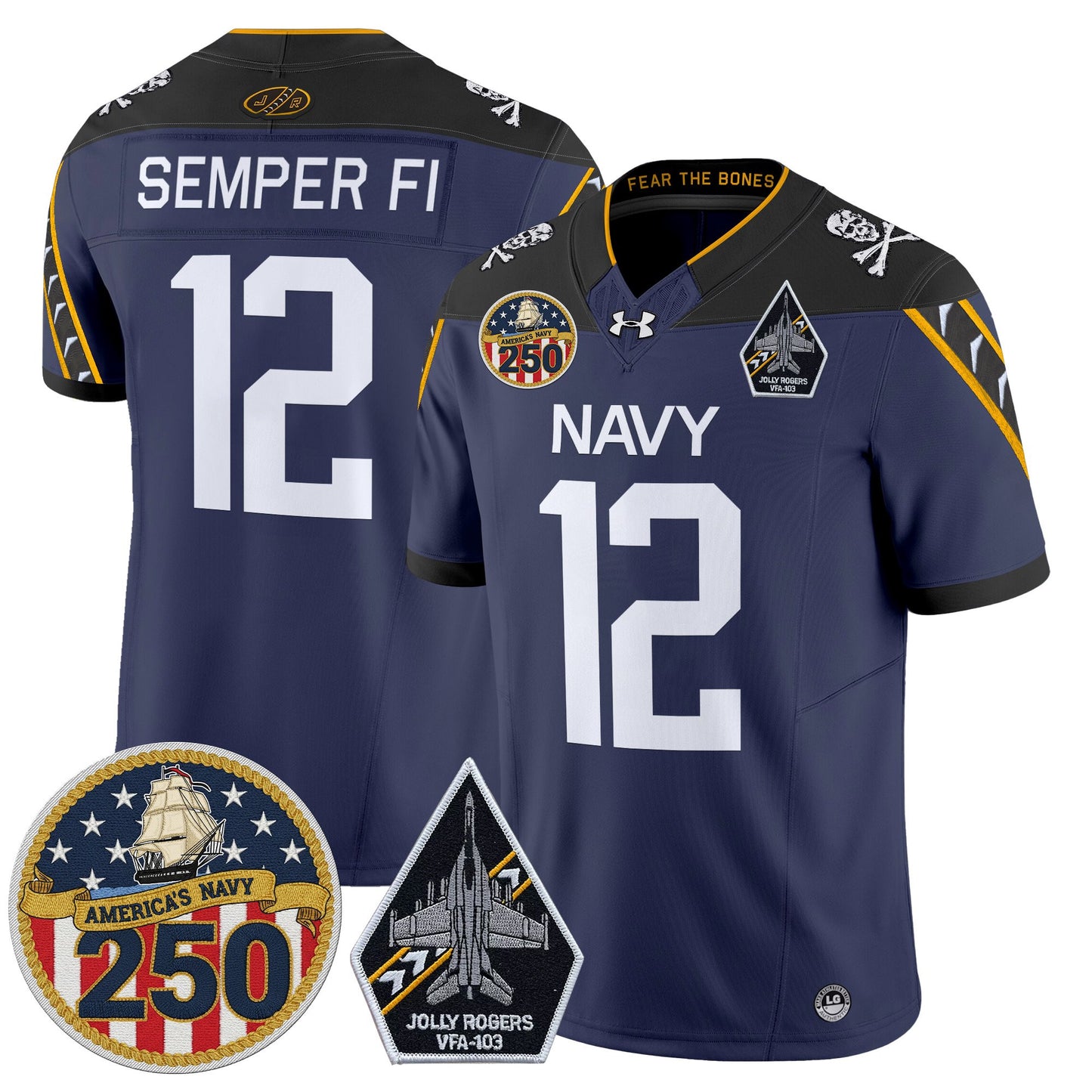 Men's Navy Midshipmen 'Jolly Rogers Edition' Vapor Limited Jersey - 250th Anniversary Patch - All Stitched