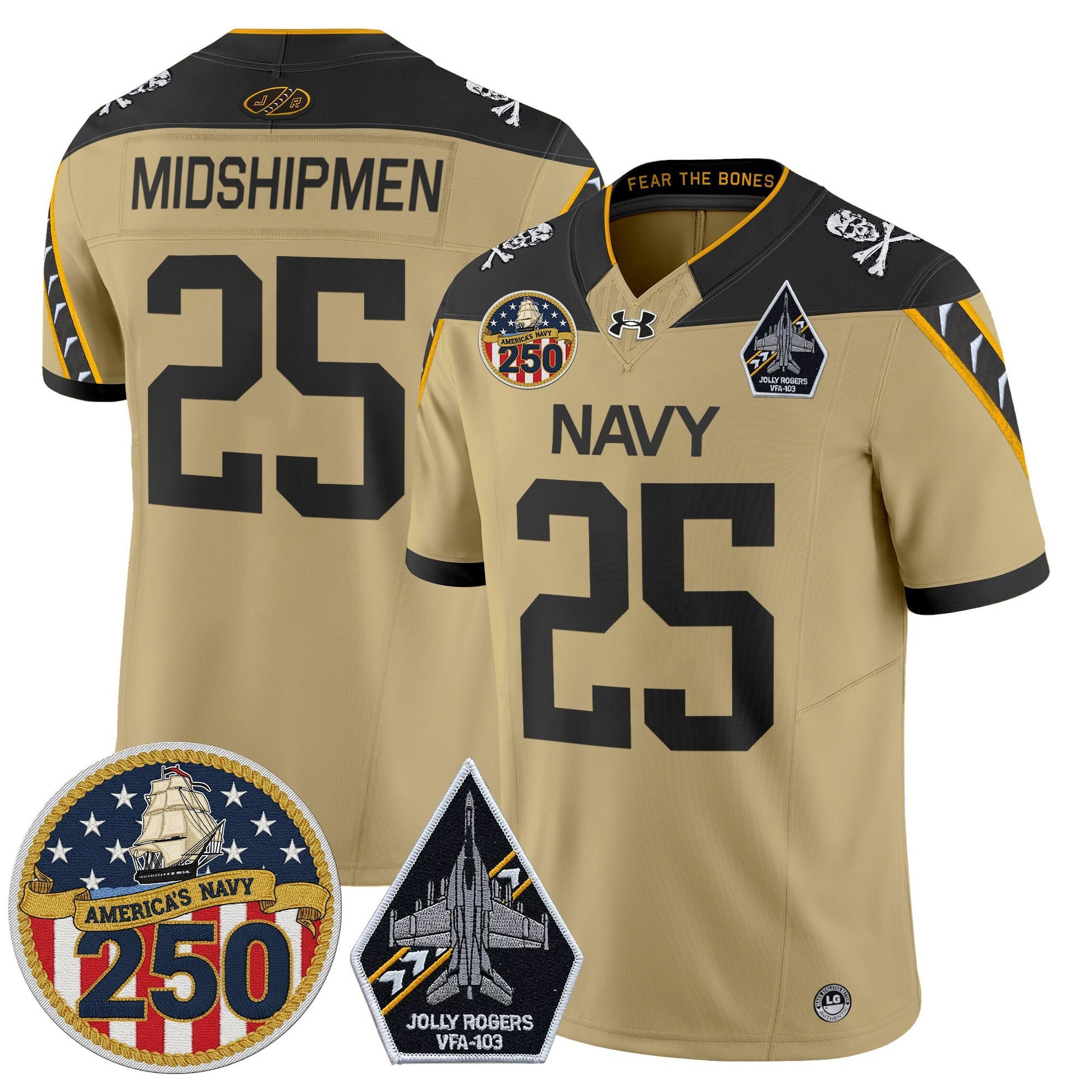 Men's Navy Midshipmen 'Jolly Rogers Edition' Vapor Limited Jersey - 250th Anniversary Patch - All Stitched