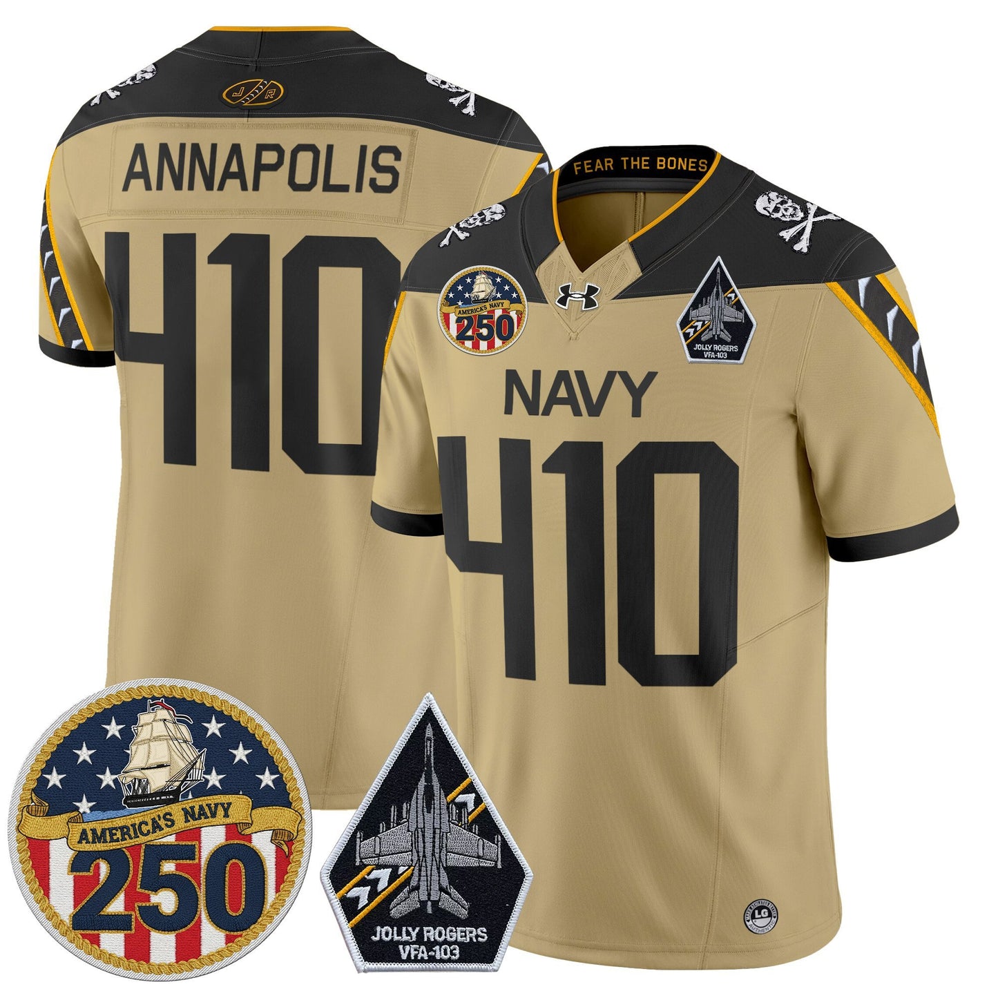 Men's Navy Midshipmen 'Jolly Rogers Edition' Vapor Limited Jersey - 250th Anniversary Patch - All Stitched