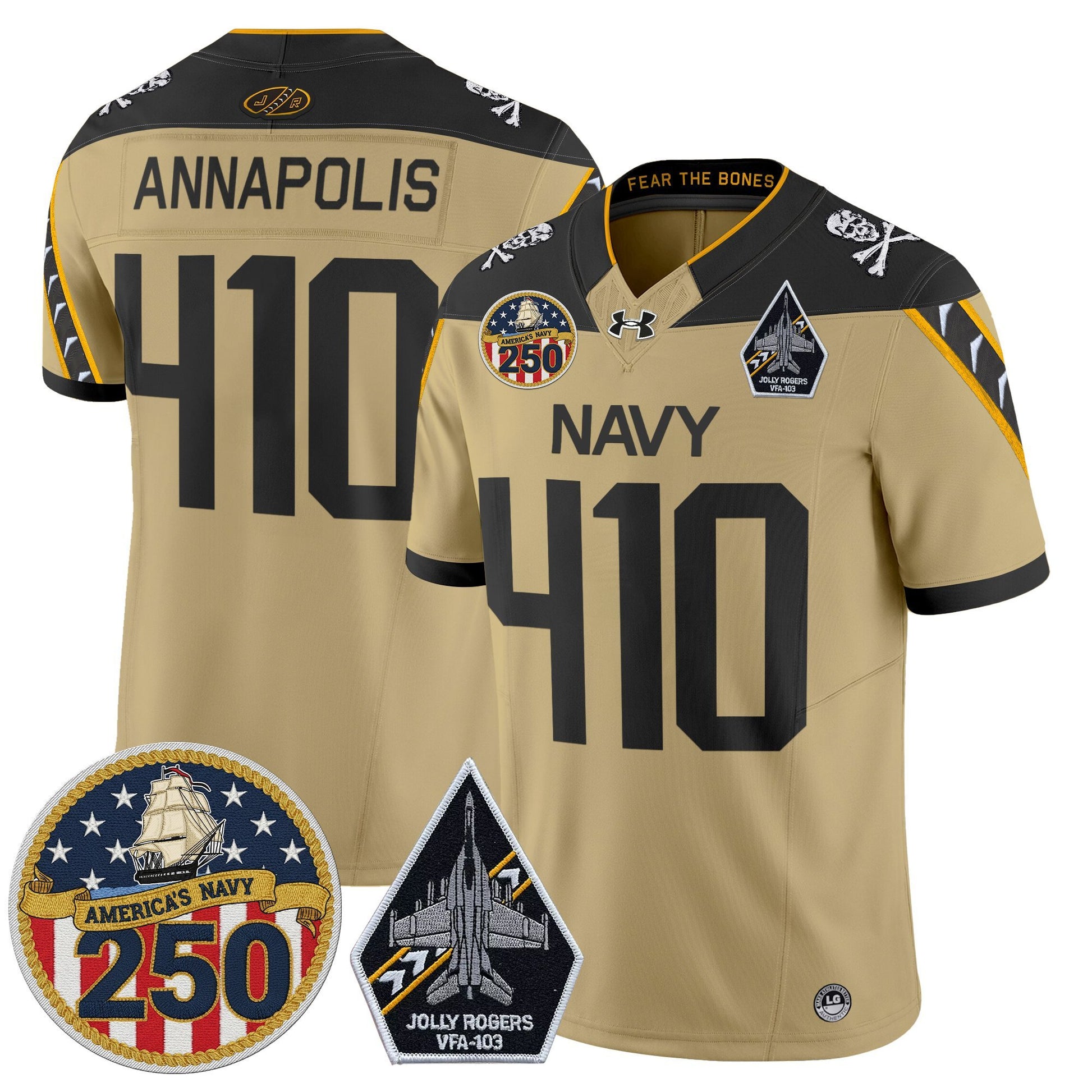 Men's Navy Midshipmen 'Jolly Rogers Edition' Vapor Limited Jersey - 250th Anniversary Patch - All Stitched