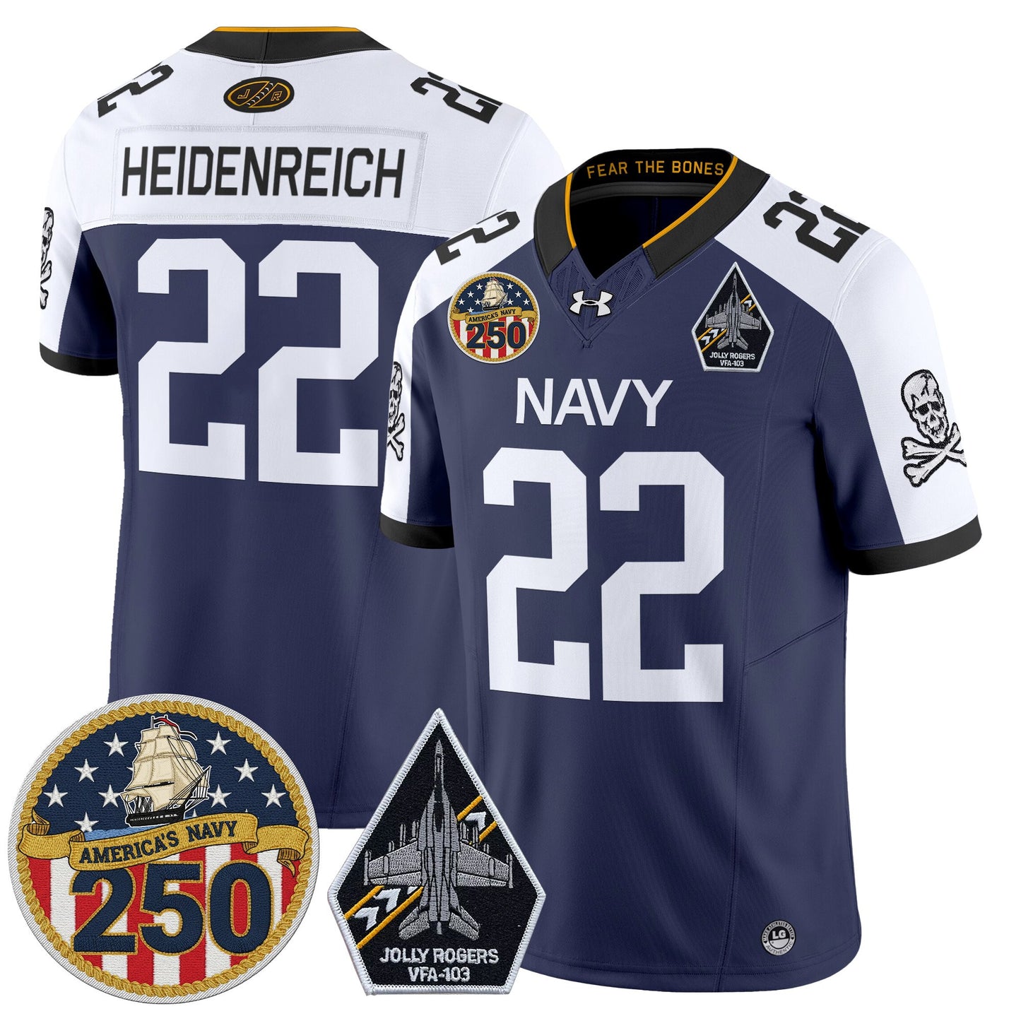 Men's Navy Midshipmen 'Jolly Rogers Edition' Vapor Limited Jersey - 250th Anniversary Patch - All Stitched