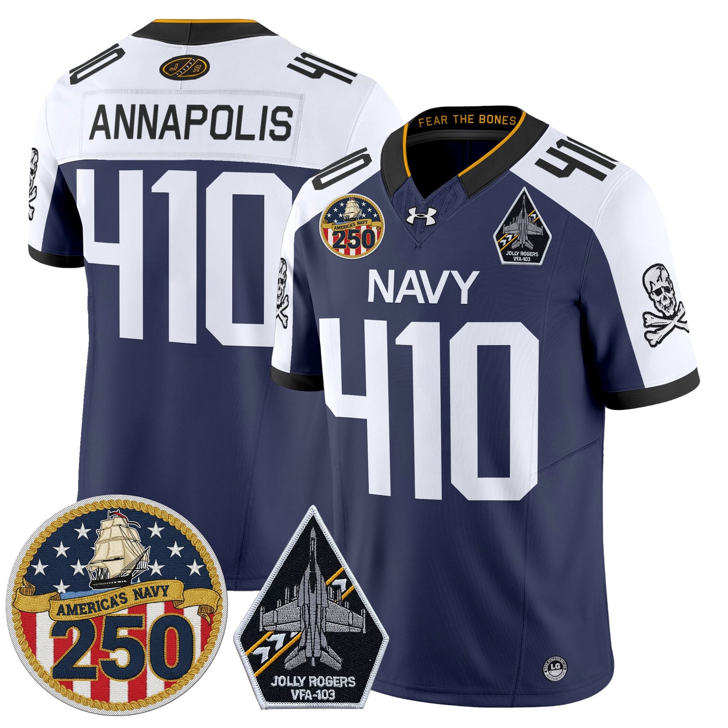 Men's Navy Midshipmen 'Jolly Rogers Edition' Vapor Limited Jersey - 250th Anniversary Patch - All Stitched