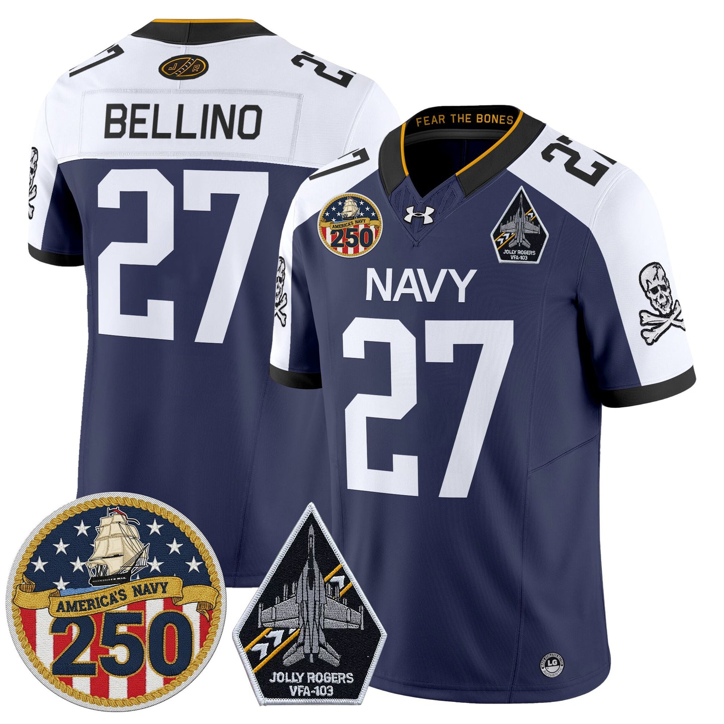 Men's Navy Midshipmen 'Jolly Rogers Edition' Vapor Limited Jersey - 250th Anniversary Patch - All Stitched