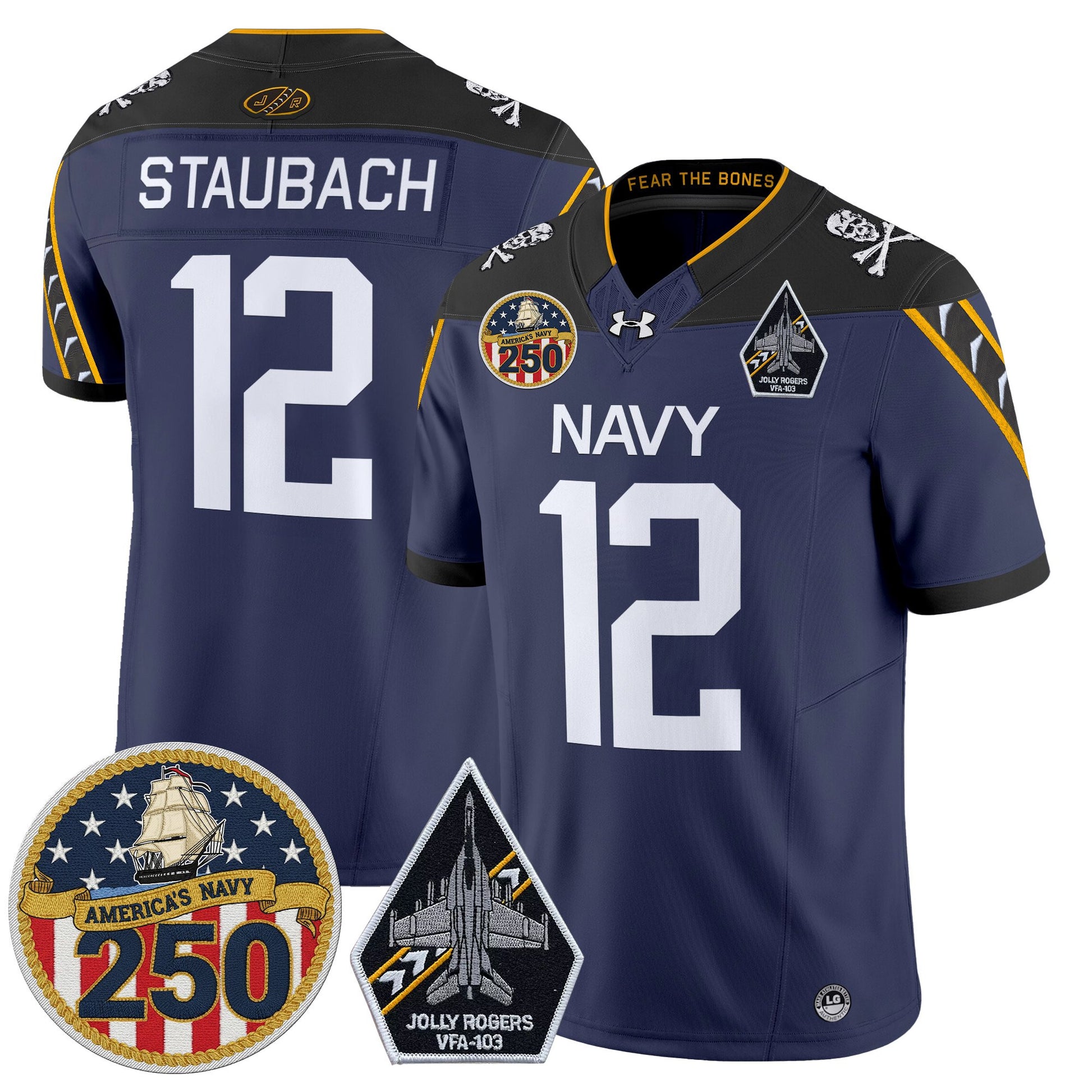 Men's Navy Midshipmen 'Jolly Rogers Edition' Vapor Limited Jersey - 250th Anniversary Patch - All Stitched