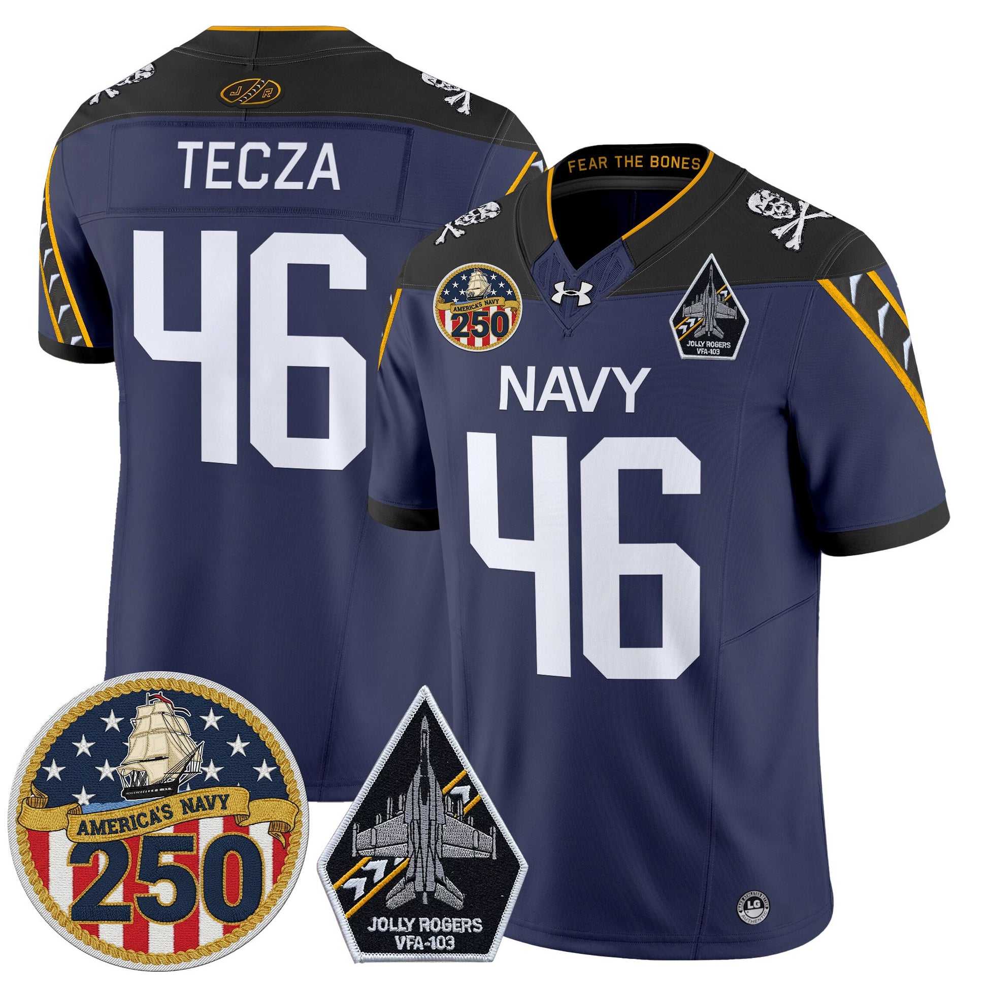 Men's Navy Midshipmen 'Jolly Rogers Edition' Vapor Limited Jersey - 250th Anniversary Patch - All Stitched