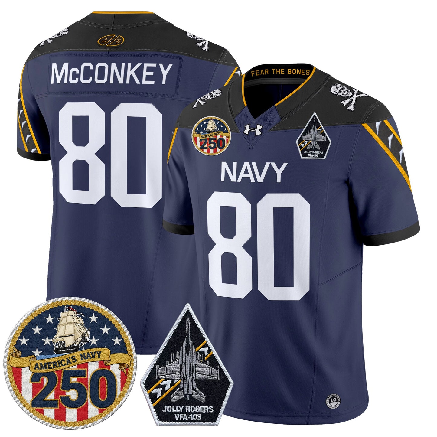 Men's Navy Midshipmen 'Jolly Rogers Edition' Vapor Limited Jersey - 250th Anniversary Patch - All Stitched