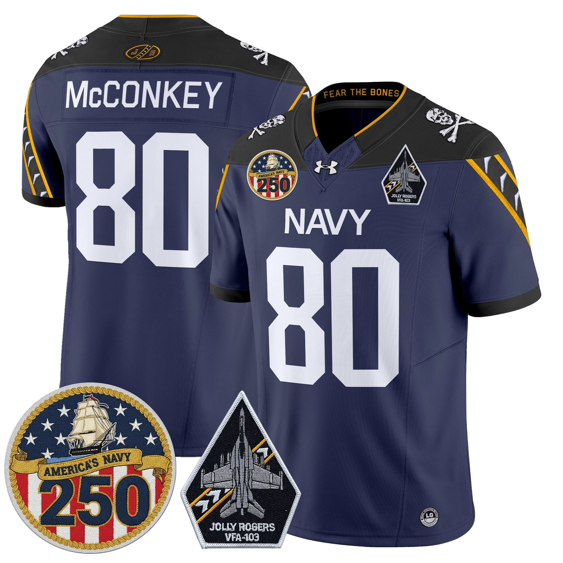 Men's Navy Midshipmen 'Jolly Rogers Edition' Vapor Limited Jersey - 250th Anniversary Patch - All Stitched