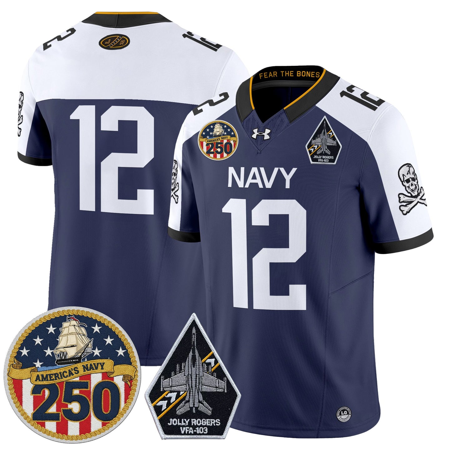 Men's Navy Midshipmen 'Jolly Rogers Edition' Vapor Limited Jersey - 250th Anniversary Patch - All Stitched