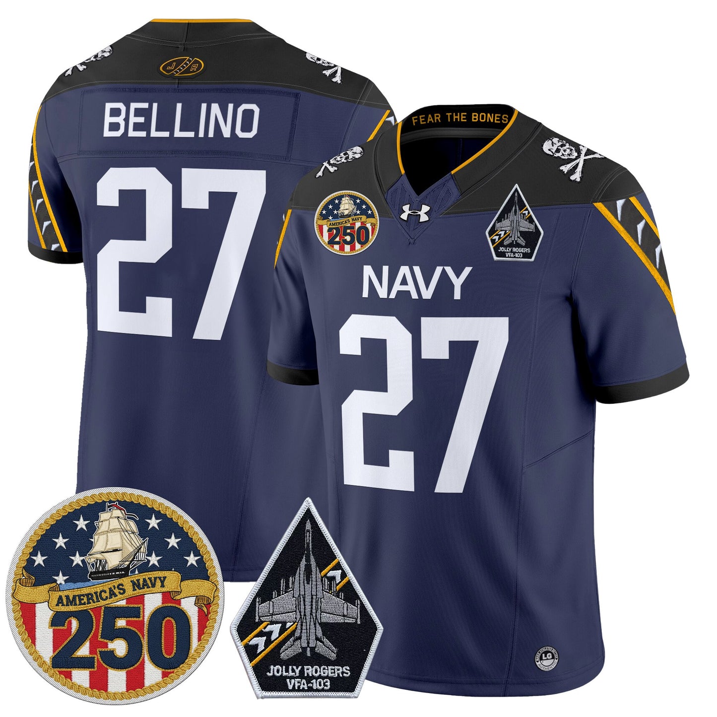 Men's Navy Midshipmen 'Jolly Rogers Edition' Vapor Limited Jersey - 250th Anniversary Patch - All Stitched