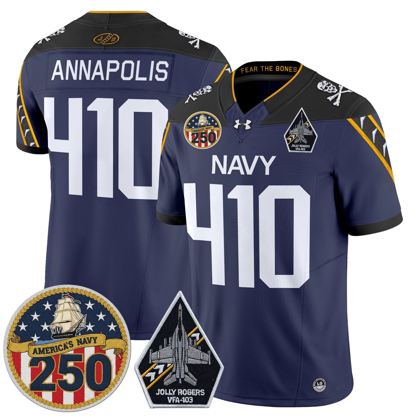 Men's Navy Midshipmen 'Jolly Rogers Edition' Vapor Limited Jersey - 250th Anniversary Patch - All Stitched