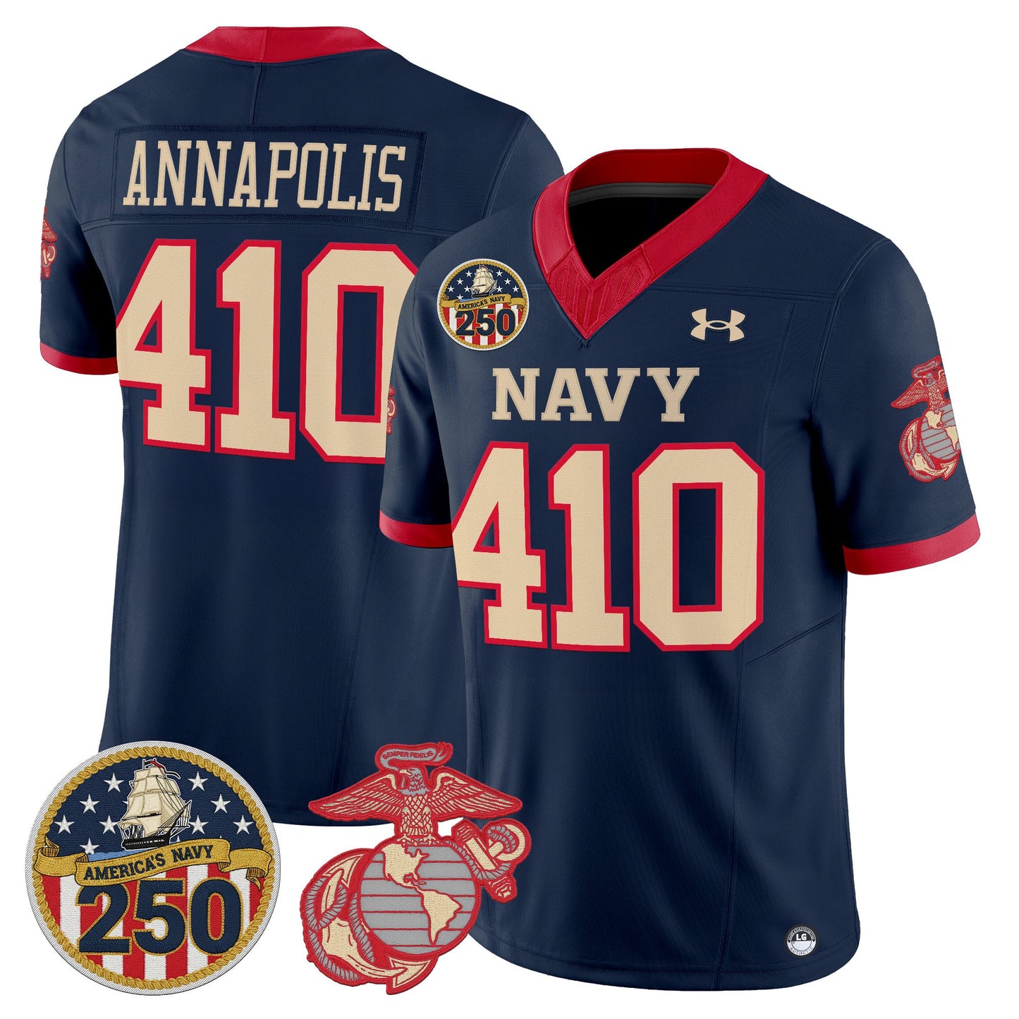 Men's Navy Midshipmen Vapor USMC Premier Jersey - 250th Anniversary Patch - All Stitched