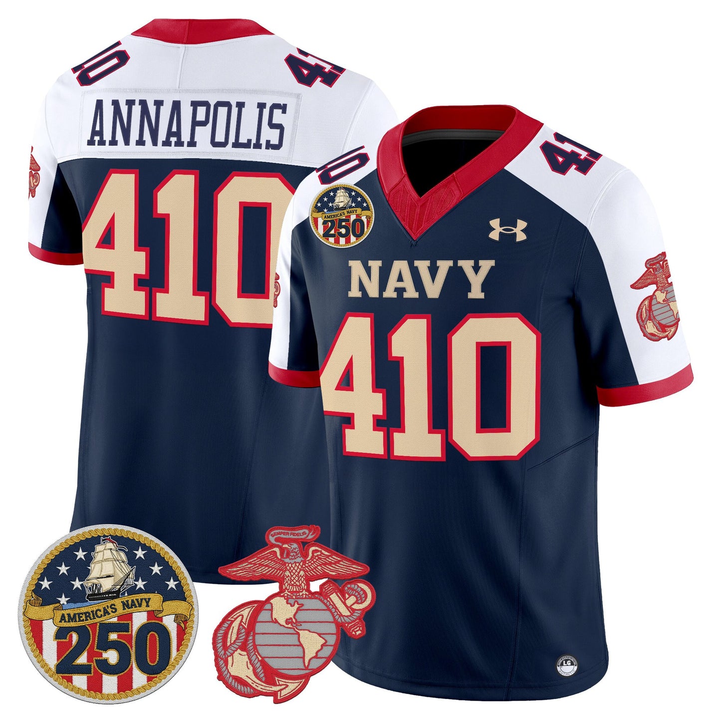 Men's Navy Midshipmen Vapor USMC Premier Jersey - 250th Anniversary Patch - All Stitched
