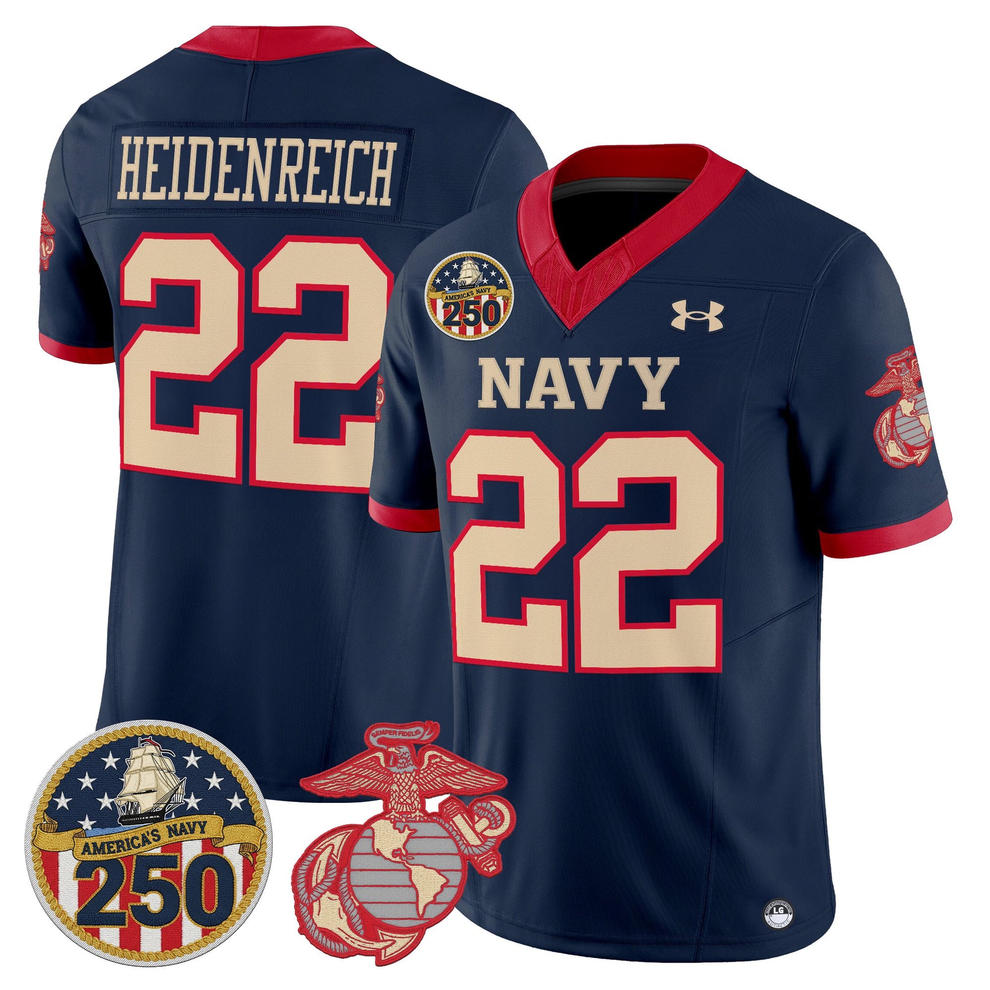 Men's Navy Midshipmen Vapor USMC Premier Jersey - 250th Anniversary Patch - All Stitched