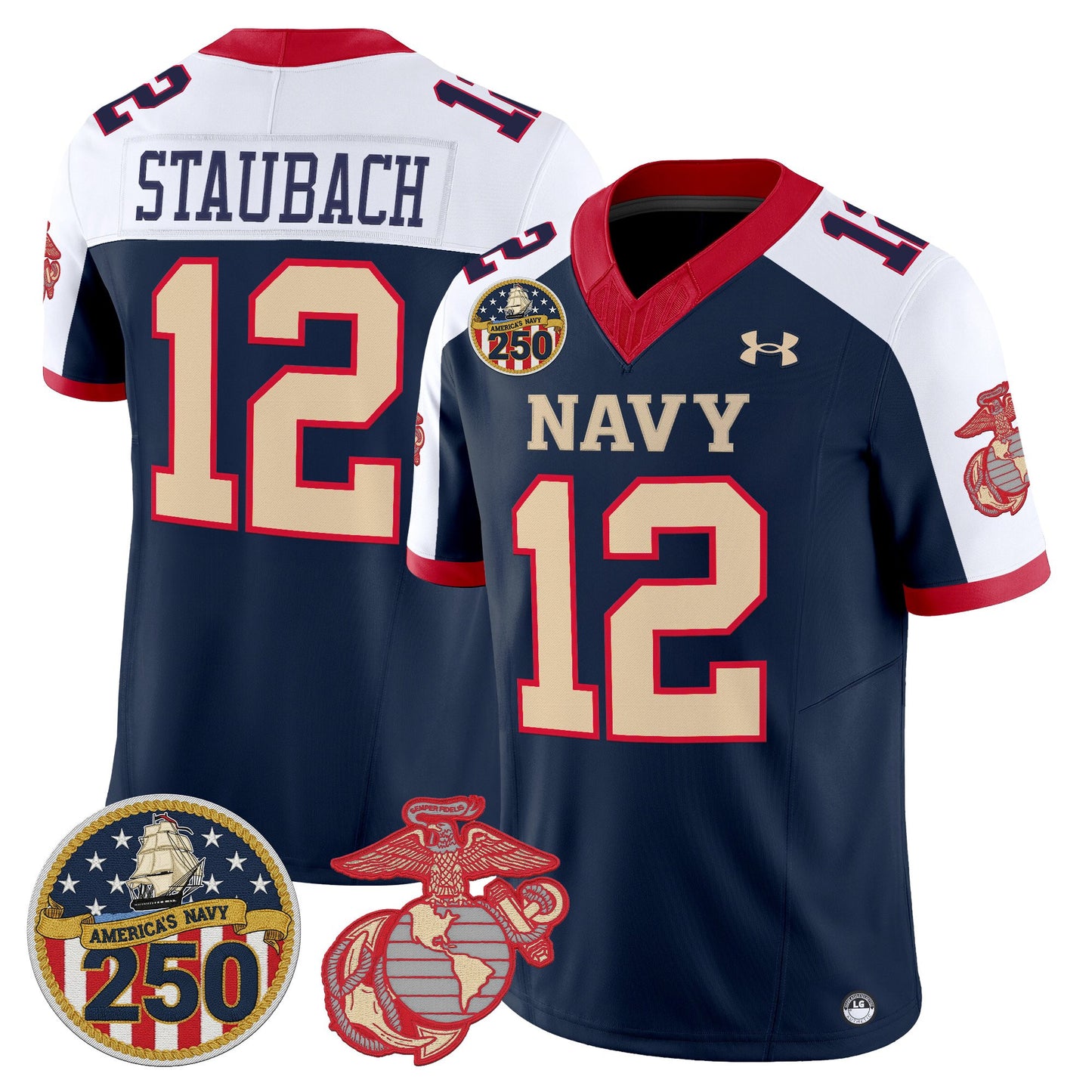 Men's Navy Midshipmen Vapor USMC Premier Jersey - 250th Anniversary Patch - All Stitched
