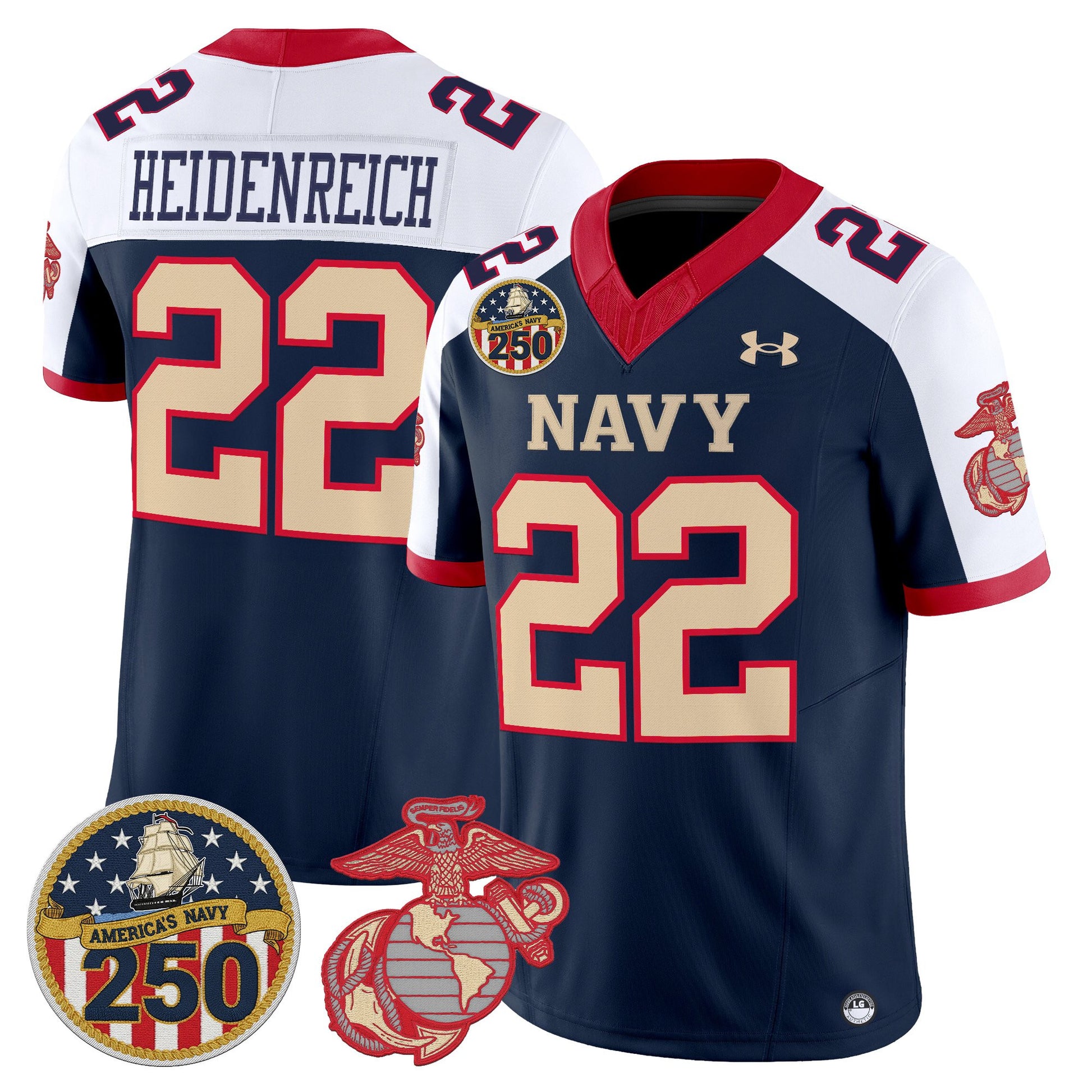Men's Navy Midshipmen Vapor USMC Premier Jersey - 250th Anniversary Patch - All Stitched