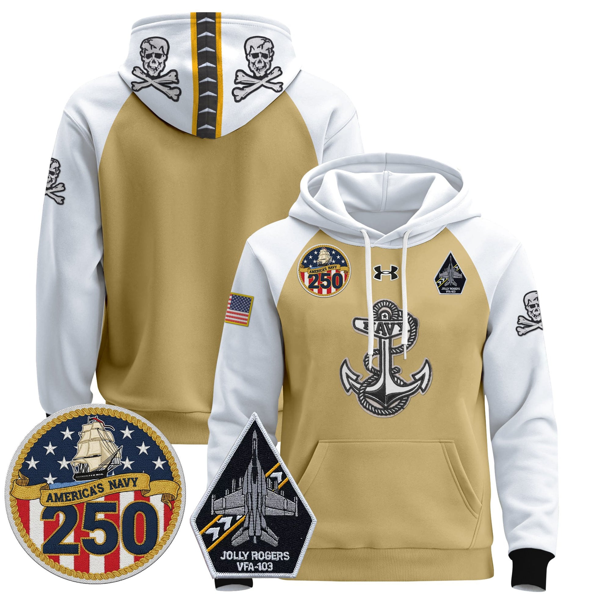 Men's Navy Midshipmen 'Jolly Rogers Edition' Pullover Hoodie - 250th Anniversary Patch - Stitched