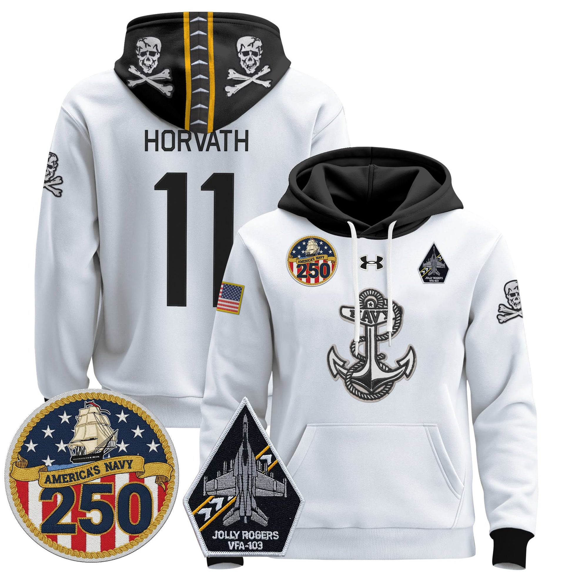 Men's Navy Midshipmen 'Jolly Rogers Edition' Pullover Hoodie - 250th Anniversary Patch - Stitched