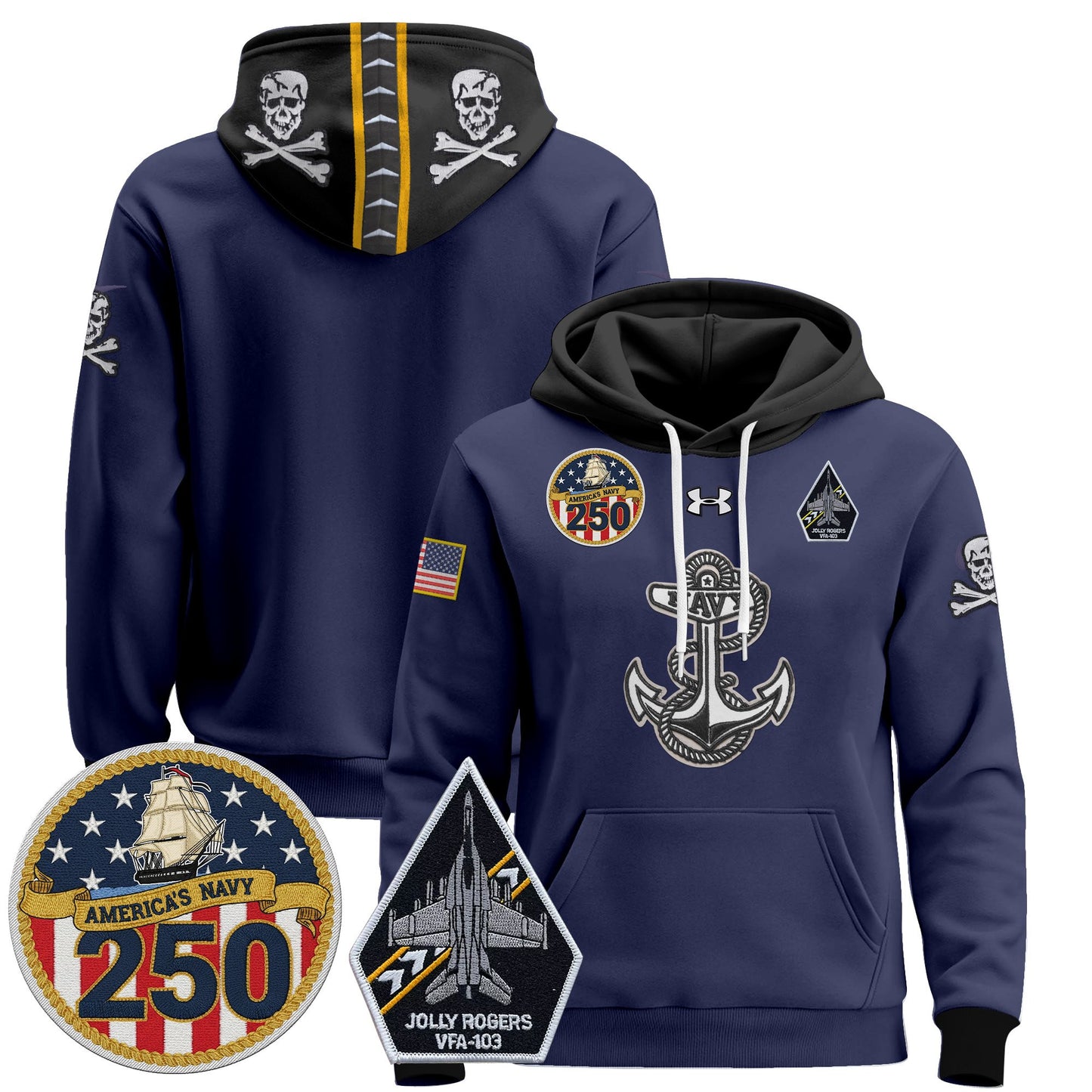 Men's Navy Midshipmen 'Jolly Rogers Edition' Pullover Hoodie - 250th Anniversary Patch - Stitched