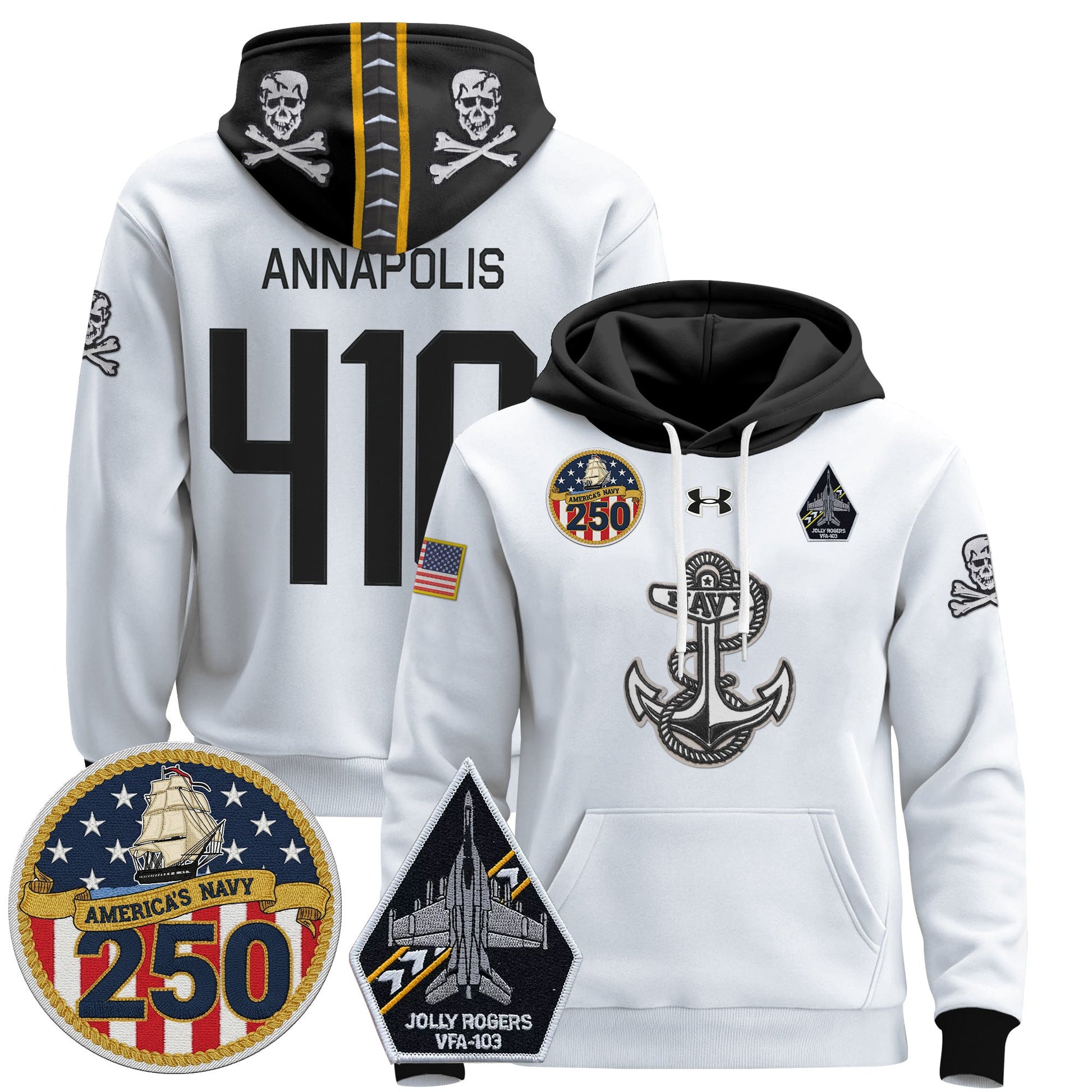 Men's Navy Midshipmen 'Jolly Rogers Edition' Pullover Hoodie - 250th Anniversary Patch - Stitched
