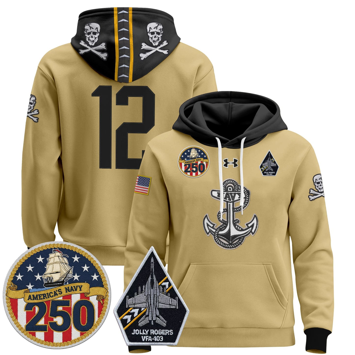 Men's Navy Midshipmen 'Jolly Rogers Edition' Pullover Hoodie - 250th Anniversary Patch - Stitched